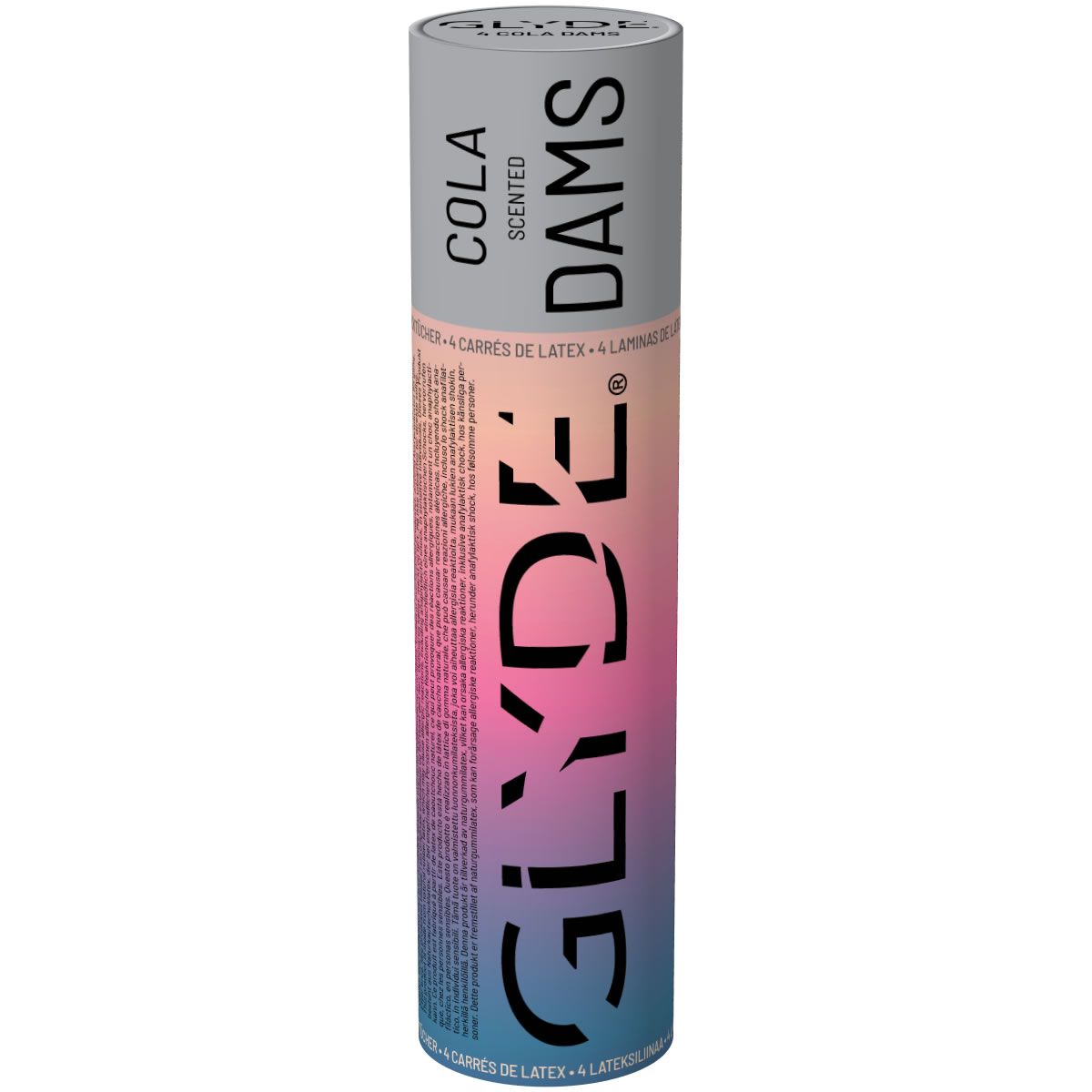 Zylindrische Verpackung von Glyde Dams. Aufdruck: Cola Scented, Glyde Dams. Farbverlauf von Rosa zu Blau.