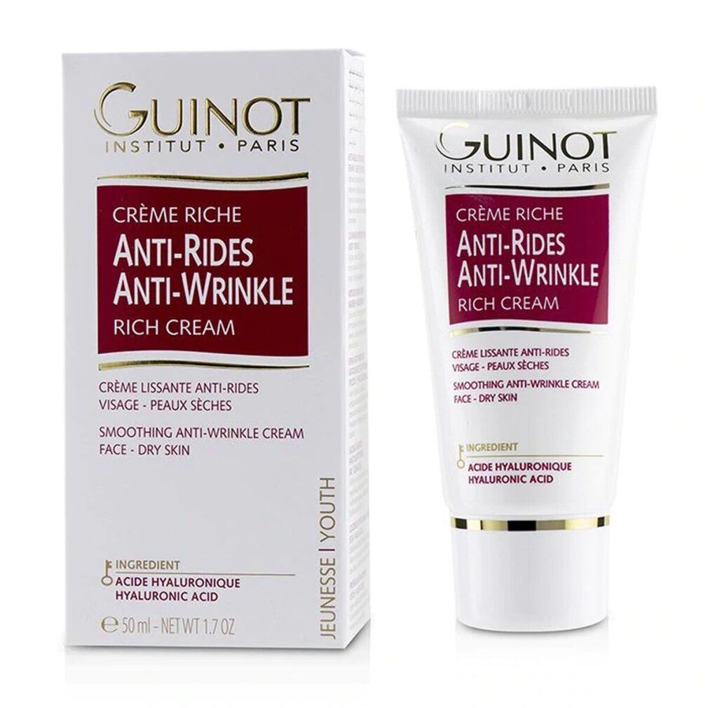 Produktverpackung mit Tube und Schachtel. Text: Crème Riche Anti-Rides Anti-Wrinkle. Marke: Guinot. Für trockene Haut. 50 ml.