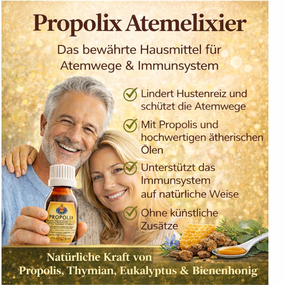 Produktflasche in Händen von Mann und Frau. Text: Propolix Atemelixier. Vorteile: Hustenreiz lindern, Atemwege schützen, Propolis.