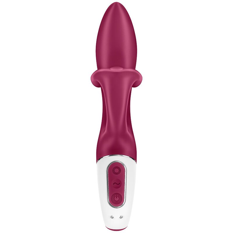 Pinker Vibrator mit weißem Griff und Bedienelementen.