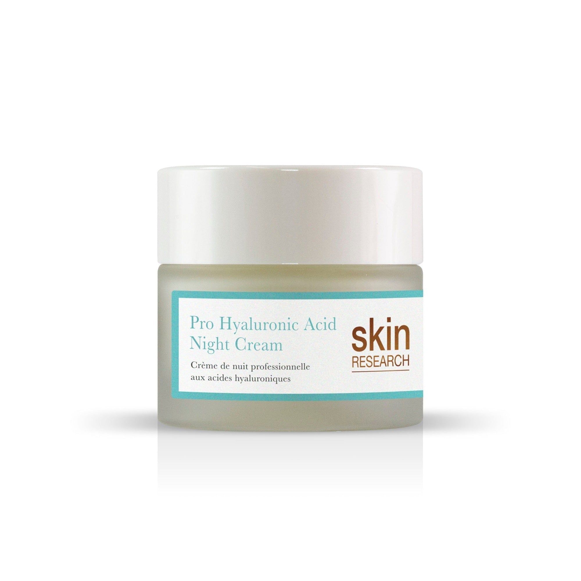 Creme-Glas mit weißem Deckel. Aufschrift: Pro Hyaluronsäure Nachtcreme. Marke: skin research.