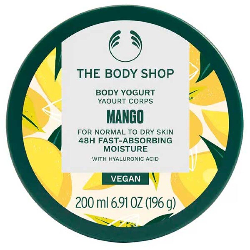 Draufsicht auf Mango Body Yogurt. Grüner Deckel mit weißem Etikett. Aufschrift: Mango, Vegan, 200 ml.