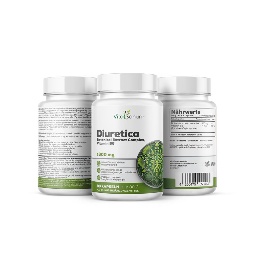 Drei weiße Flaschen mit Kapseln. Aufschrift: VitaSanum, Diuretica, 1600 mg, 90 Kapseln. Botanischer Extrakt Komplex, Vitamin B6.