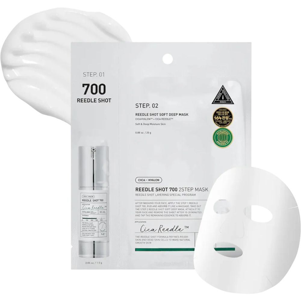 Verpackung mit Gesichtsmaske und Serum. Enthält Maske, Serumflasche und Creme. Aufschrift: 700 Reedle Shot, 2-Step Maske.