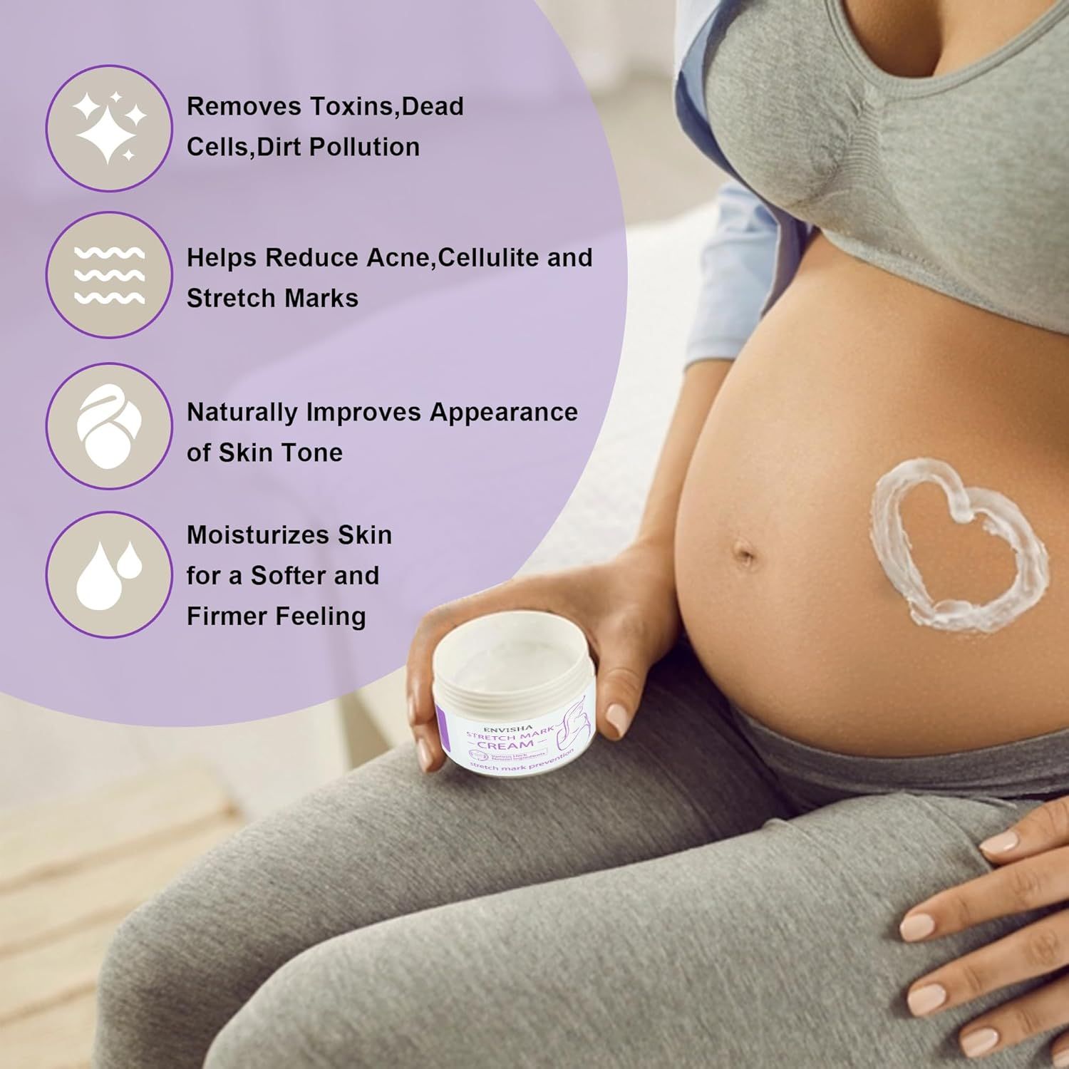 Creme-Dose, ENVISHA, auf Bauch aufgetragen. Text: Entfernt Giftstoffe, reduziert Akne, verbessert Hautton, macht weich.