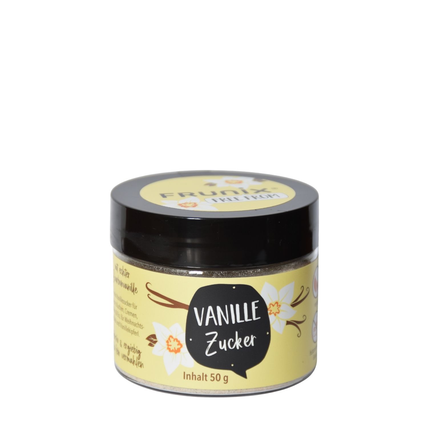 Rundes Glas mit schwarzem Deckel. Aufschrift "Vanille Zucker" in Sprechblase. Gelbes Etikett mit Vanilleblüten.