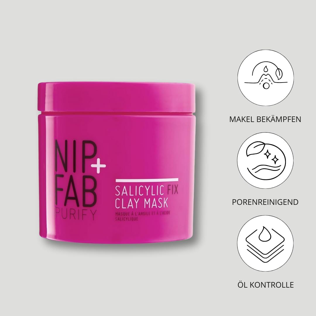 Rosa Tiegel mit Aufschrift: NIP+FAB, SALICYLIC FIX CLAY MASK. Icons: Pickel, Poren, Öl.