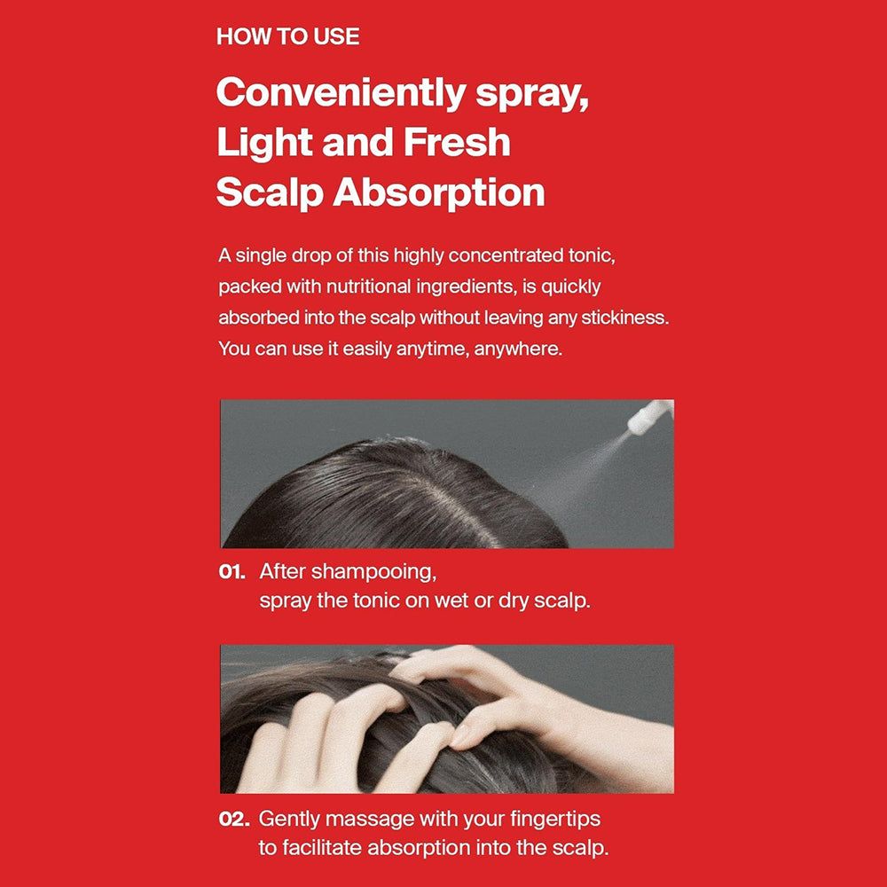 Anwendungshinweise für Folligen Scalp Tonic mit Sprüh- und Massagebildern.
