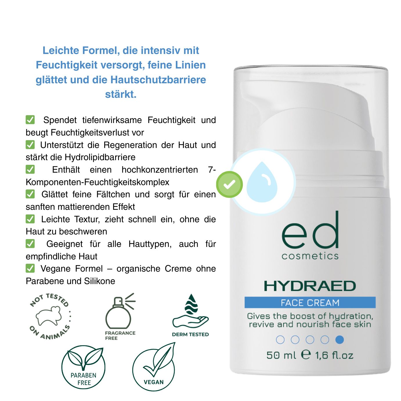 Creme-Flasche mit Text. Aufschrift: ed cosmetics, HYDRAED FACE CREAM. Logos: nicht an Tieren getestet, parfümfrei, vegan.