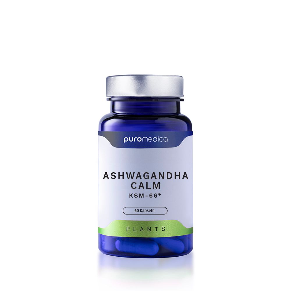 Flasche Ashwagandha CALM KSM-66 von Puromedica mit 60 Kapseln.