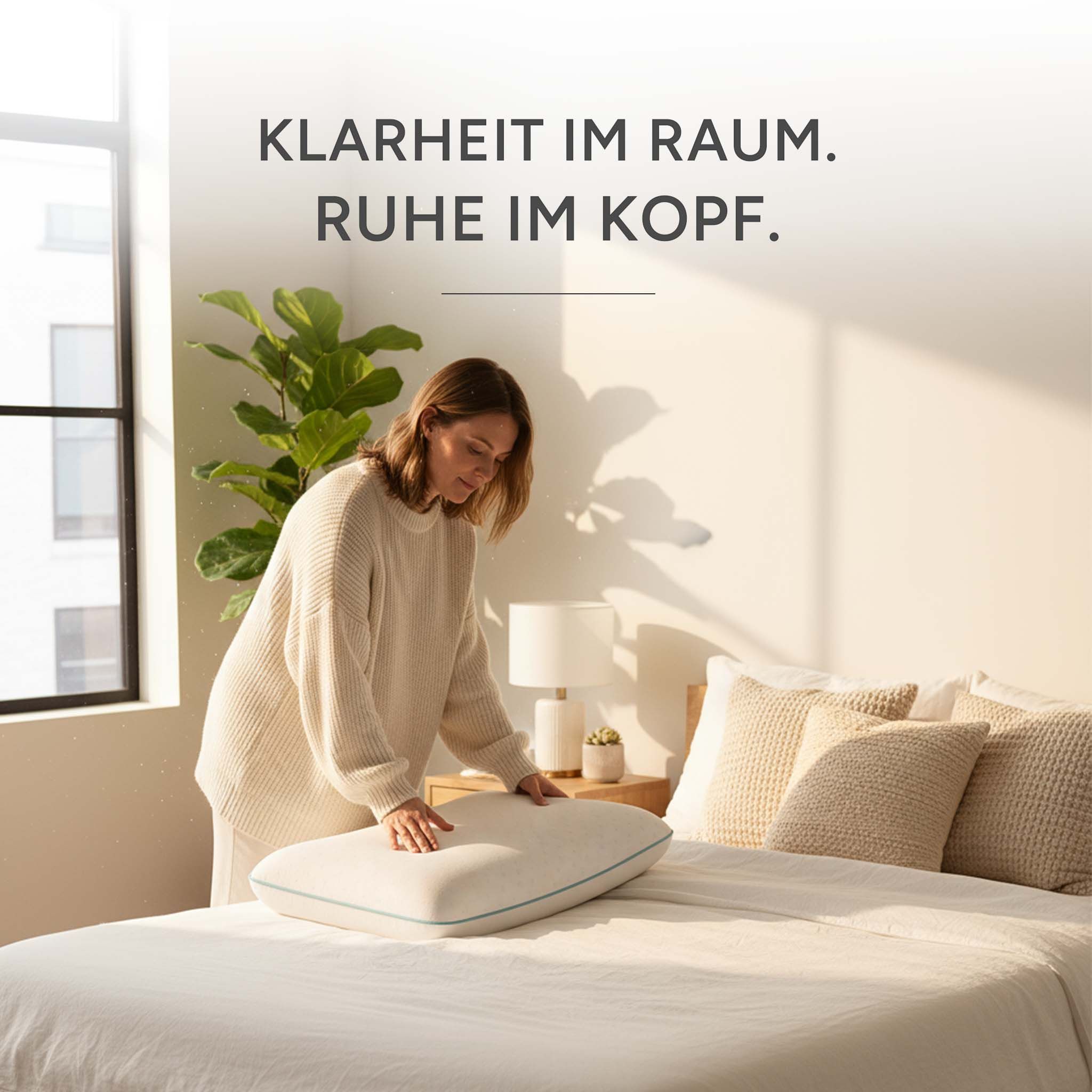 Frau legt ein weißes Kissen auf ein Bett in einem Schlafzimmer.
