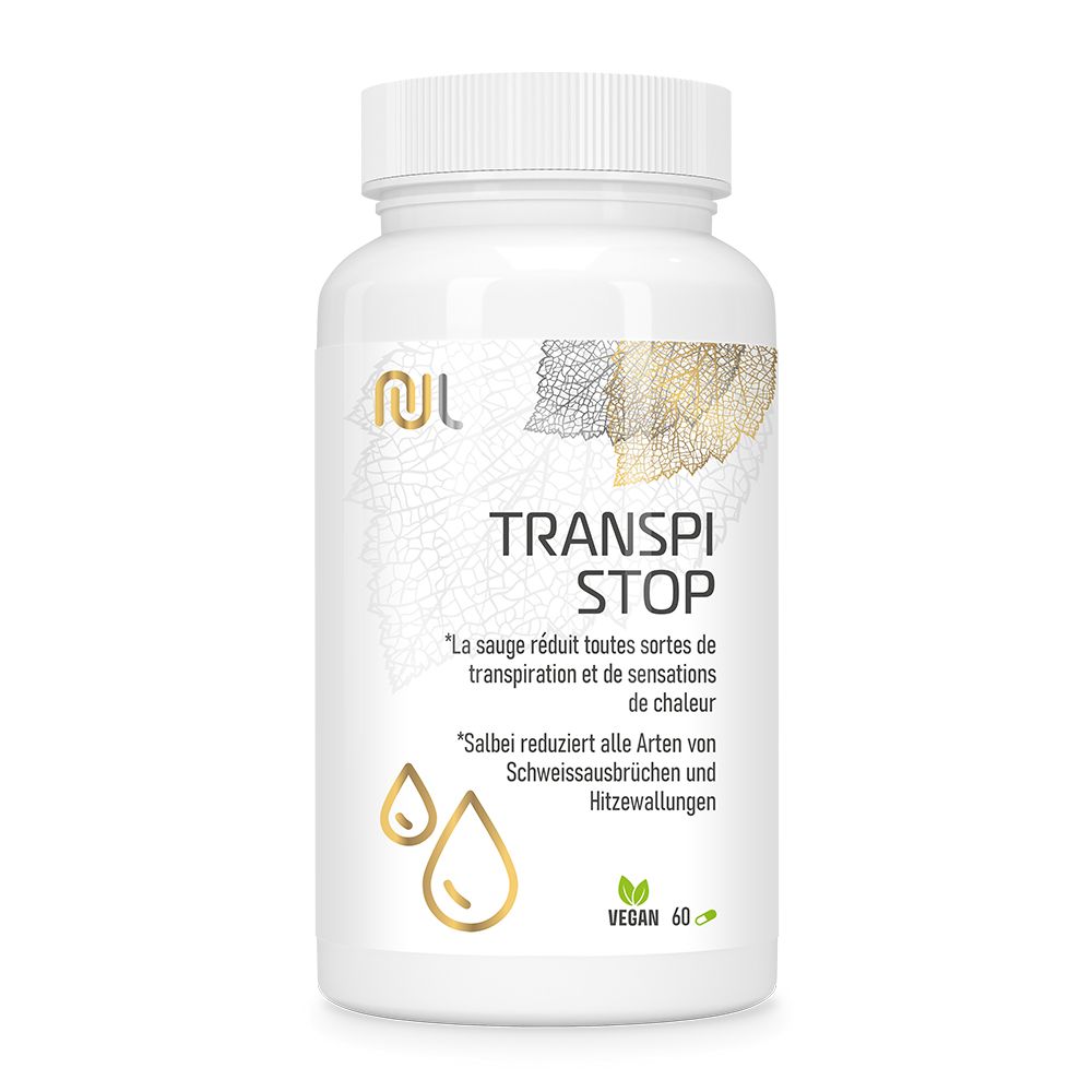 Weiße Flasche mit Text: Transpi Stop. Vegan. 60 Kapseln. Tropfen-Icons.