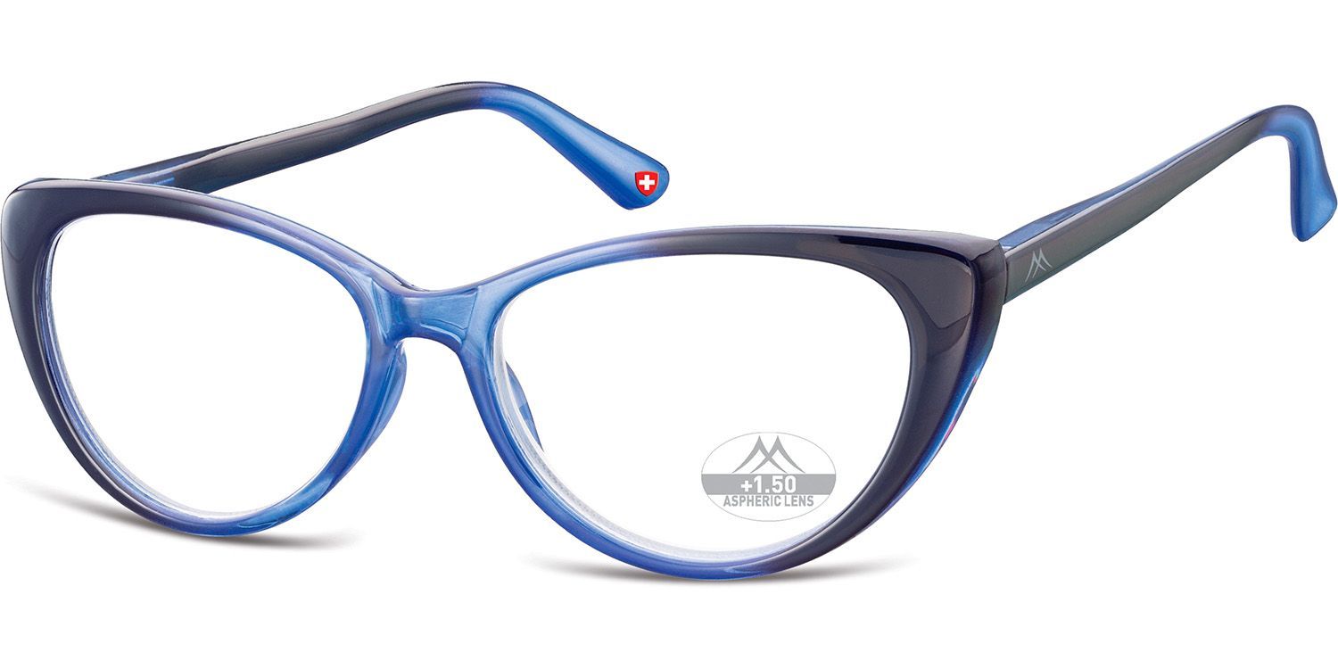 Blaue Brille mit Katzenaugenform. Farbverlauf von hellblau zu dunkelblau. Schweizer Kreuz am Bügel. Auf den Gläsern ist "+1.50" zu sehen.
