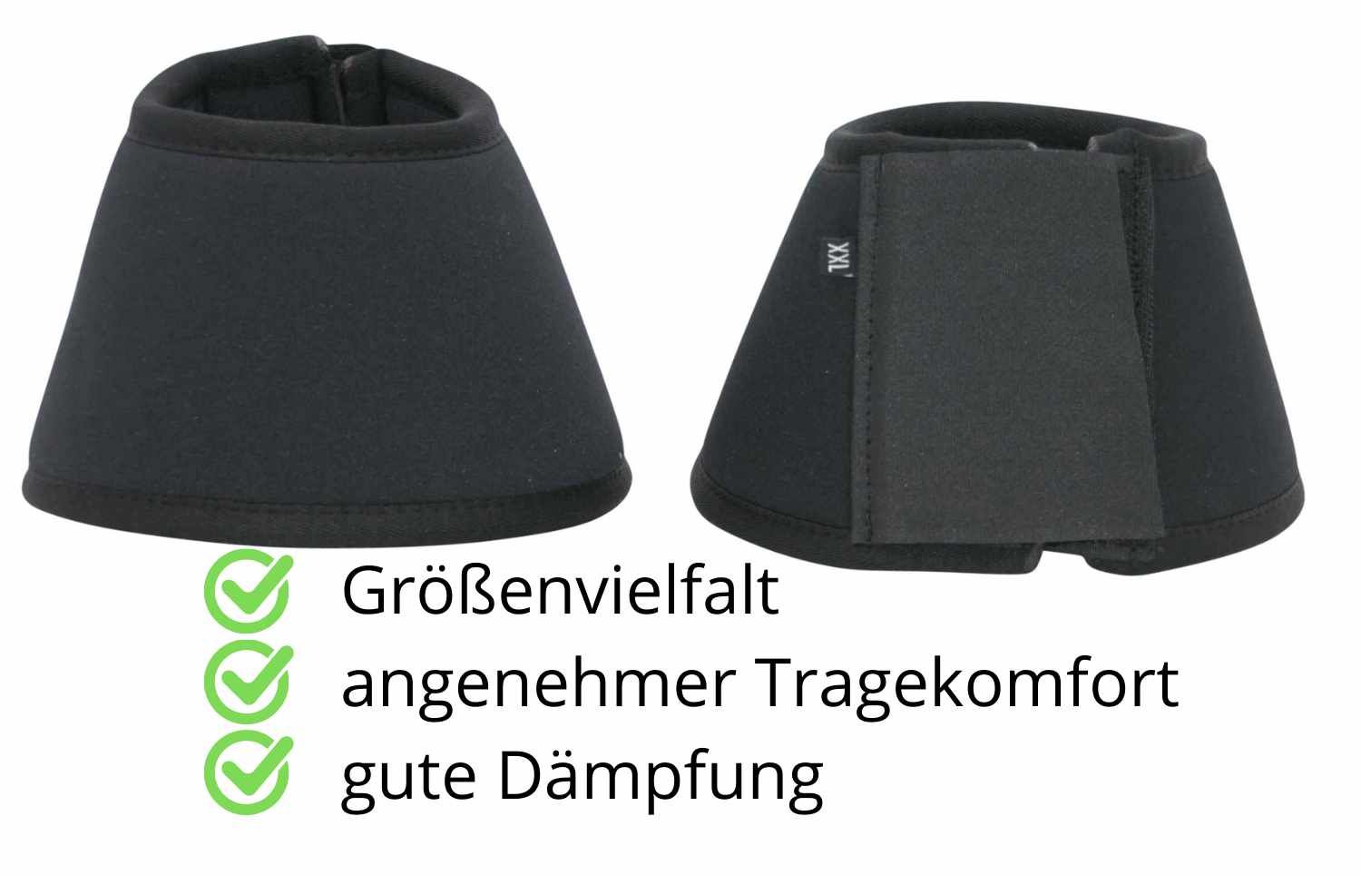 Zwei schwarze Hufglocken. Text: Größenvielfalt, angenehmer Tragekomfort, gute Dämpfung.