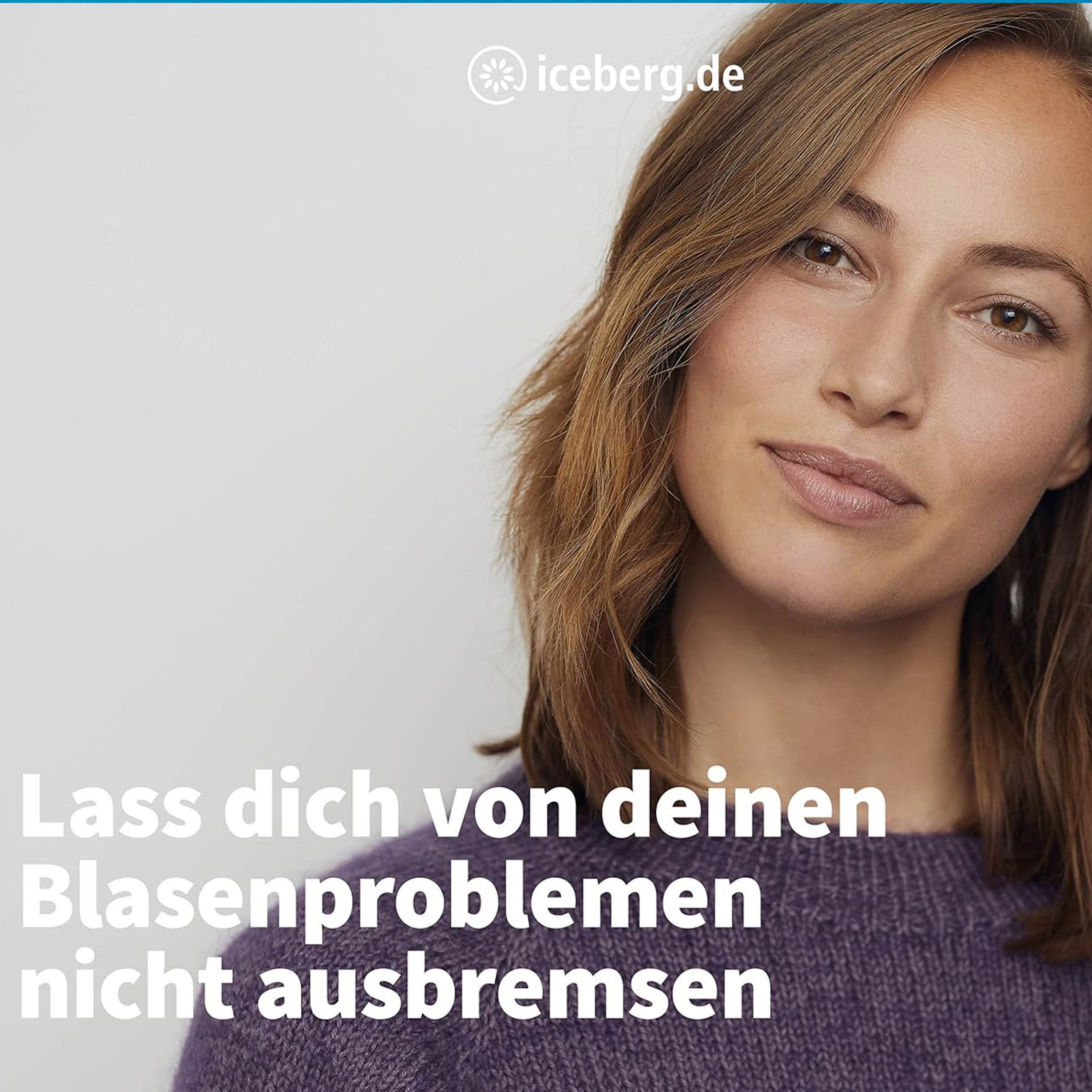 Porträt einer Frau, die in die Kamera lächelt. Text: Lass dich von deinen Blasenproblemen nicht ausbremsen.