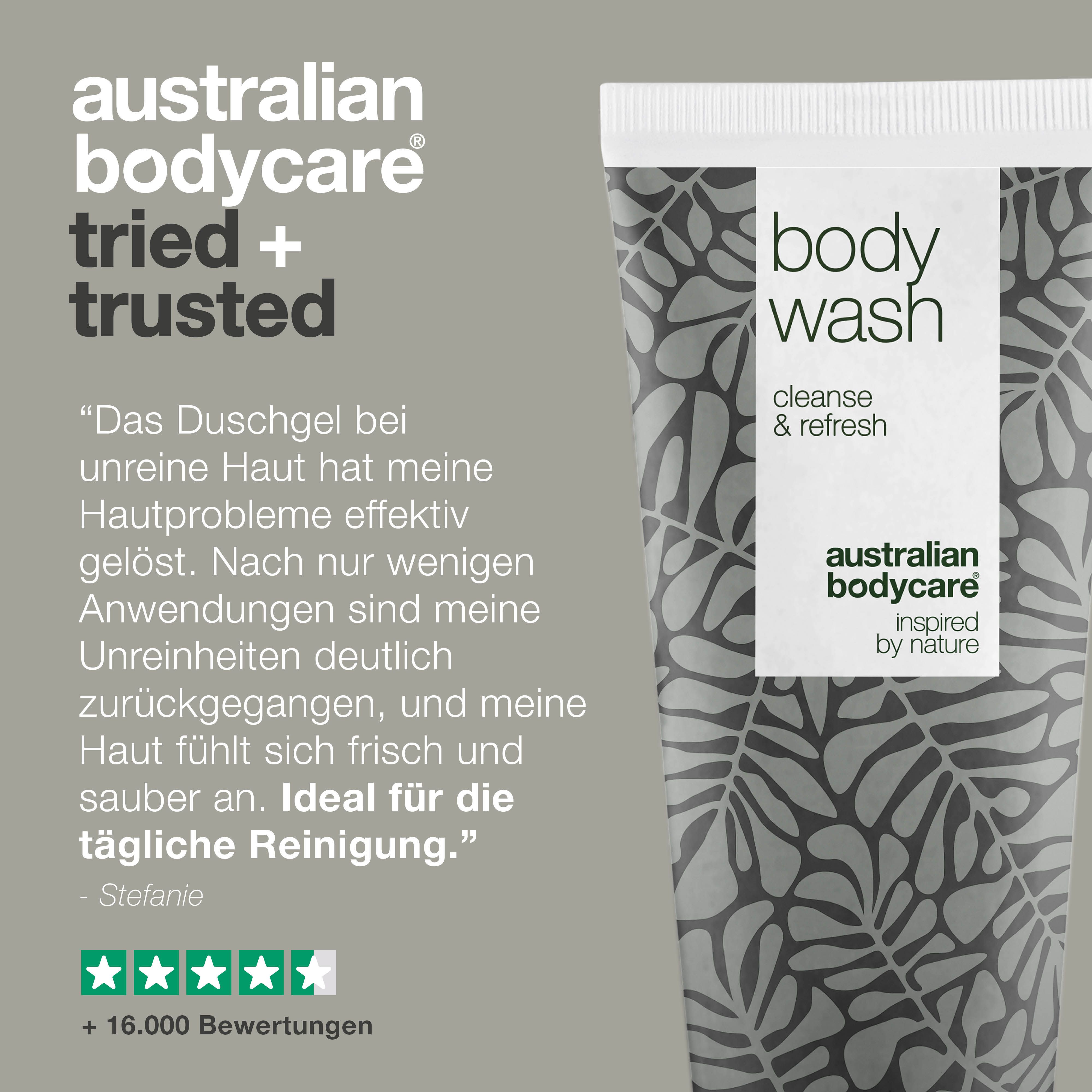 Tube mit „body wash“ und „australian bodycare“ Aufdruck. Text: Zitat und 5 Sterne Bewertung.