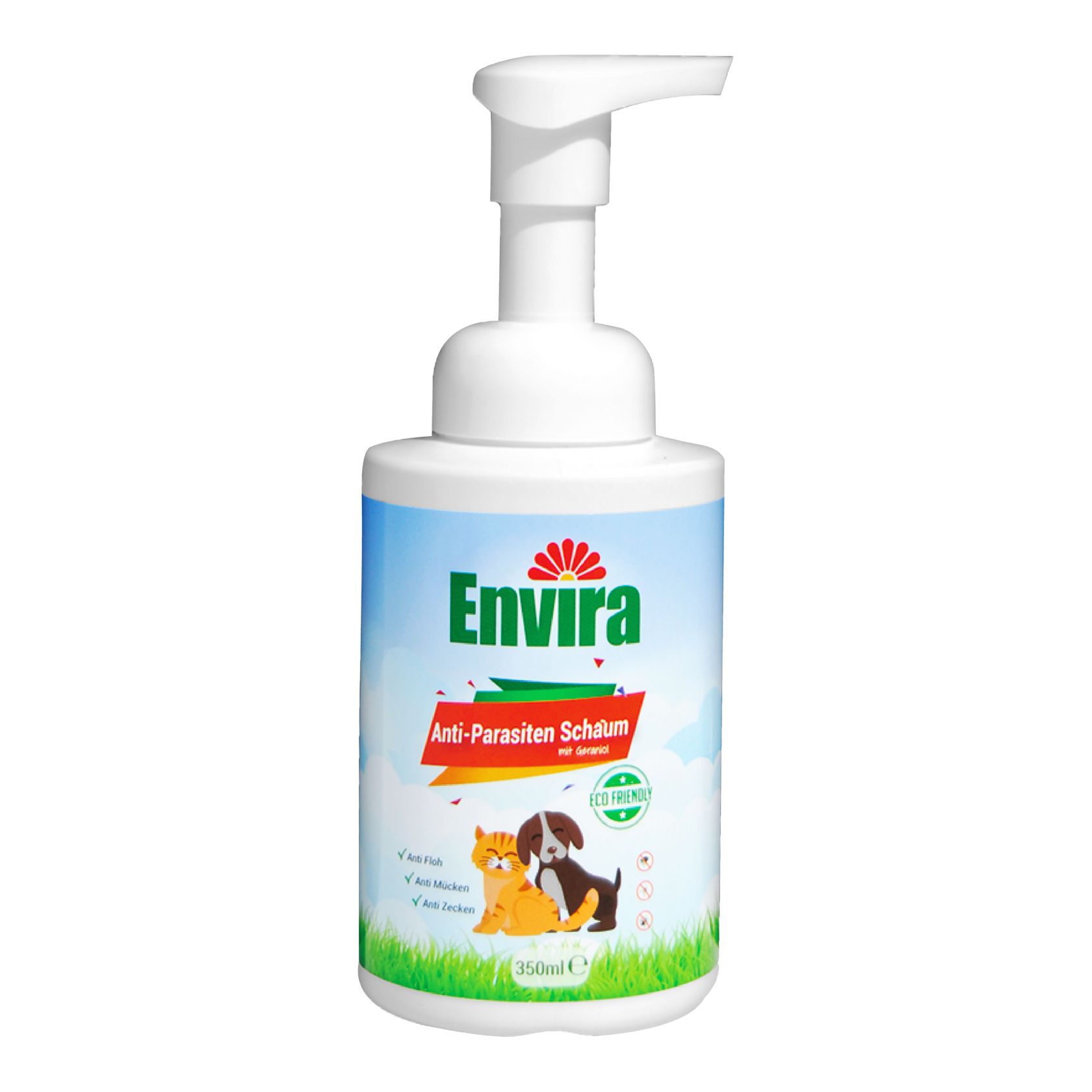 Weiße Flasche mit Pumpverschluss. Aufschrift: Envira Anti-Parasiten Schaum. Abbildung von Katze und Hund. Eco-Friendly-Siegel.