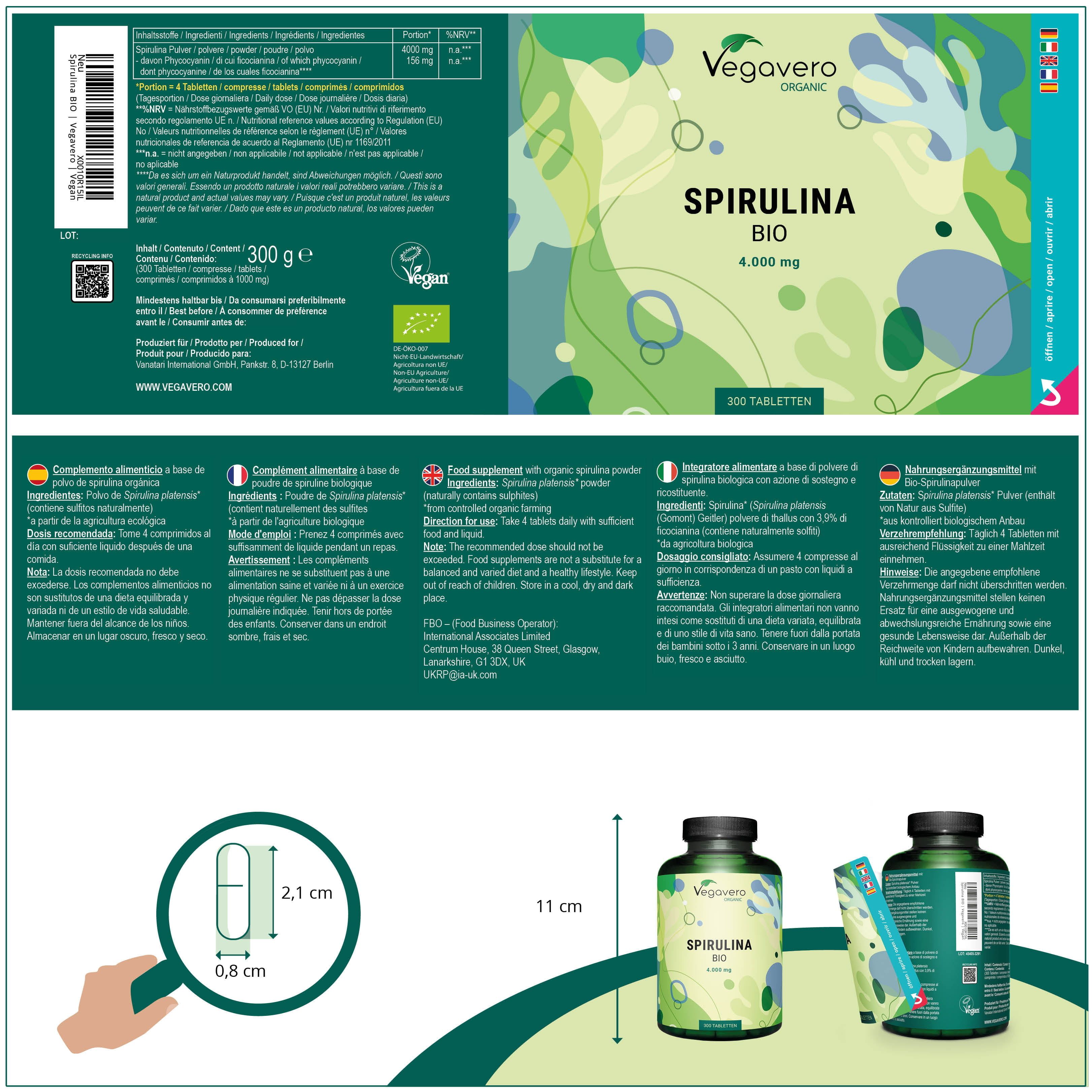 Verpackung mit Produktinformationen. Enthält: Spirulina BIO 4.000 mg, 300 g, 90 Tabletten. Mit Zertifizierungen.
