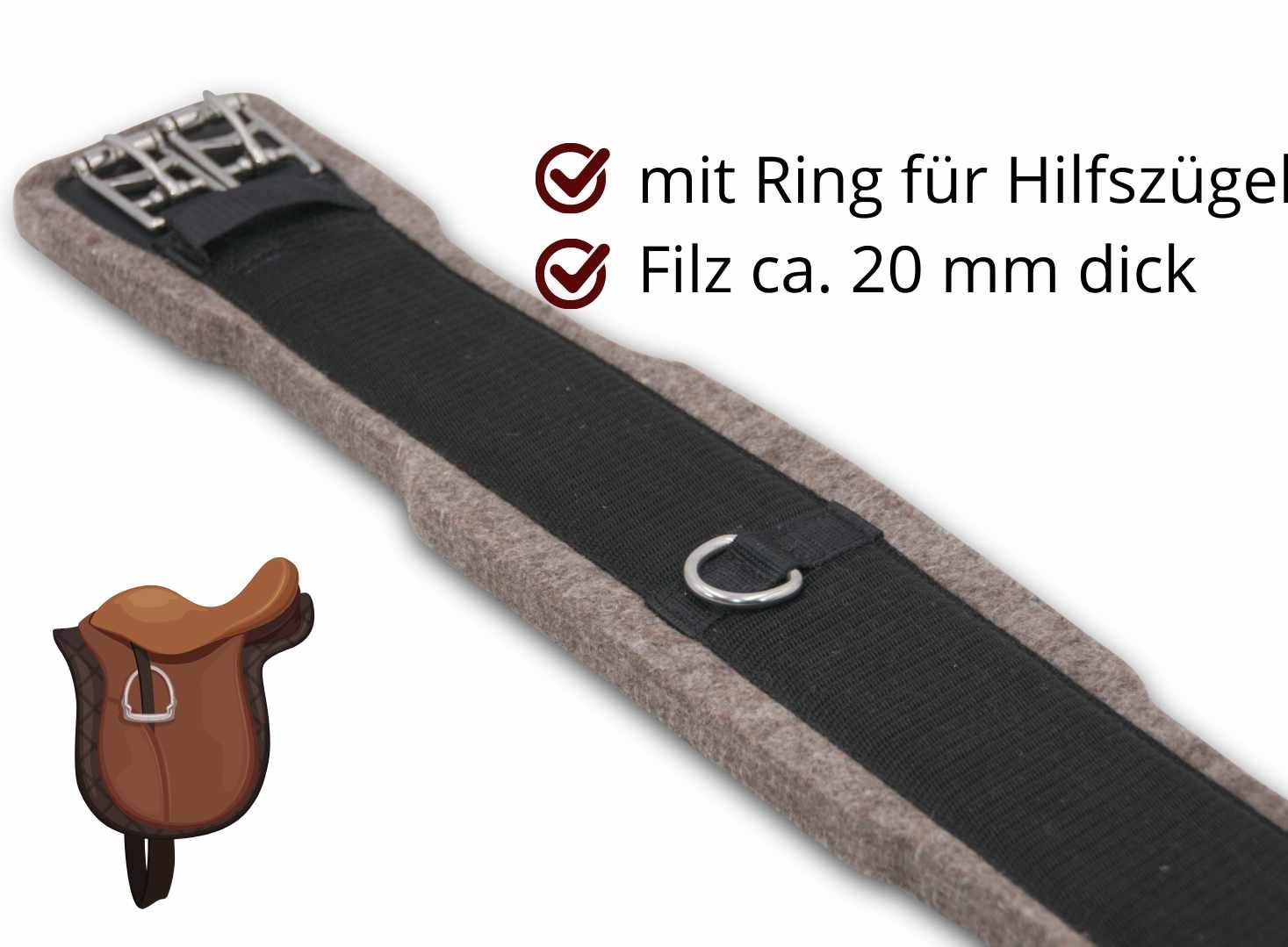 Kurzgurt mit Ring. Grauer Filz, schwarzes Innenband. Text: Mit Ring für Hilfszügel, Filz ca. 20 mm dick. Kleines Sattel-Icon.
