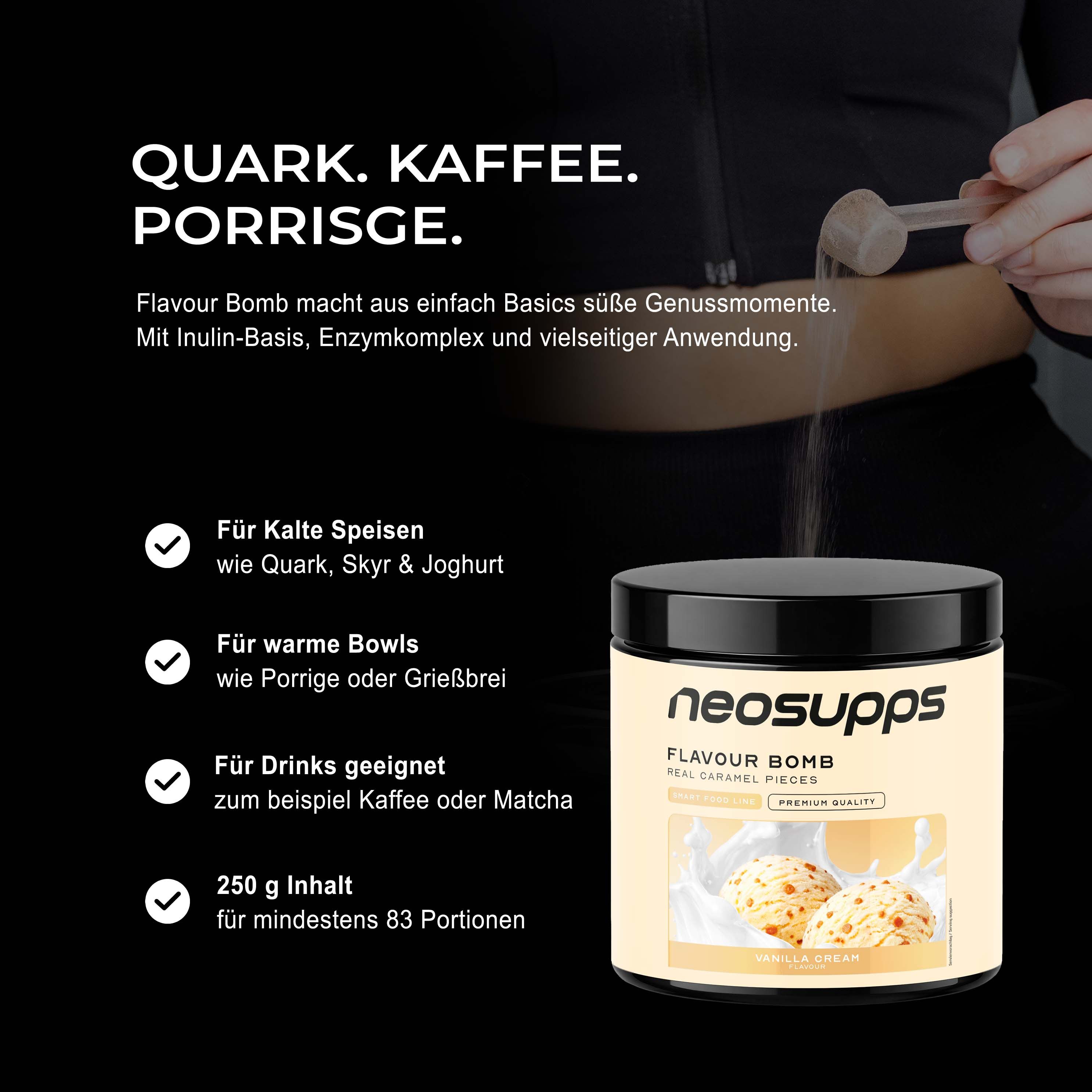Neosupps Flavour Bomb Vanille Cream Aromapulver mit Karamellstückchen.