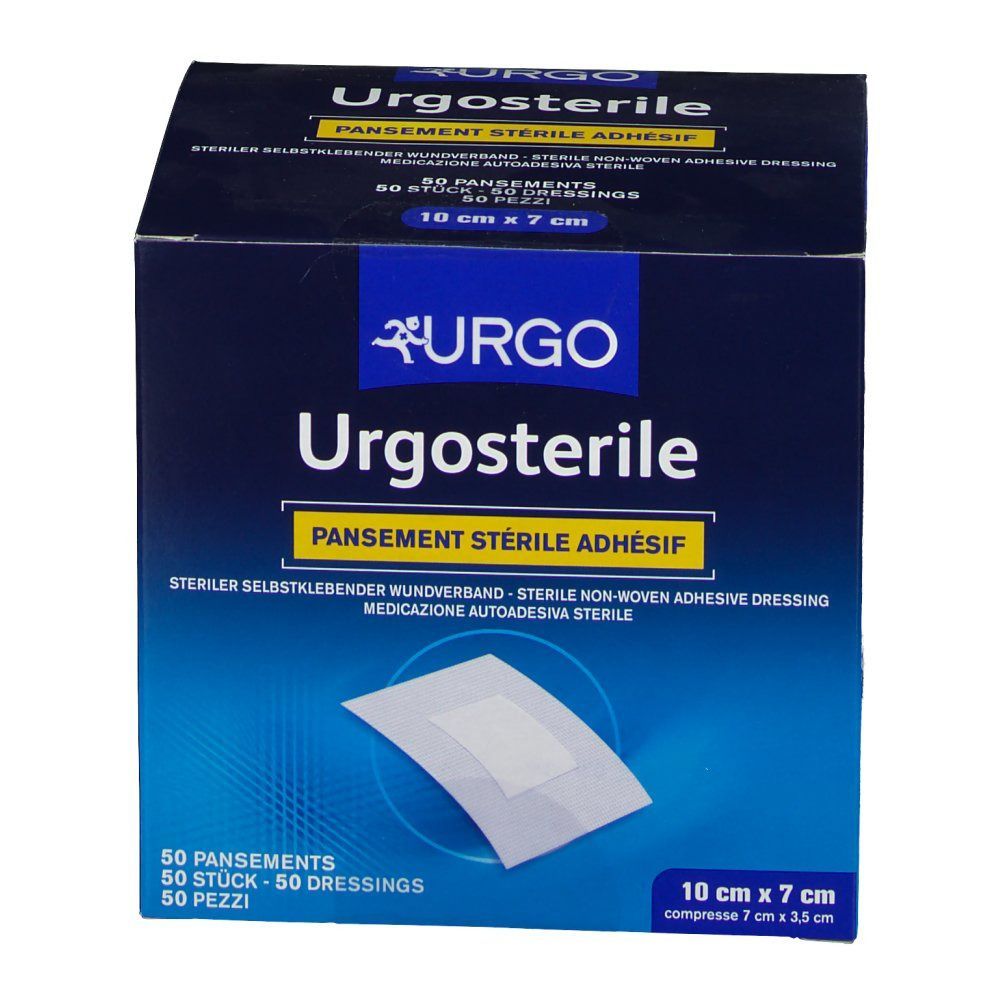 Urgosterile-Verpackung. Enthält 50 sterile Wundverbände, 10 x 7 cm. Blaue Schachtel mit Produktnamen und Logo.