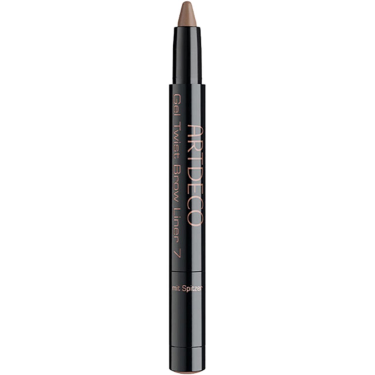 Brauenstift mit Spitze. Schwarzer Stift mit brauner Mine. Aufschrift: ARTDECO, Gel Twist Brow Liner 7.