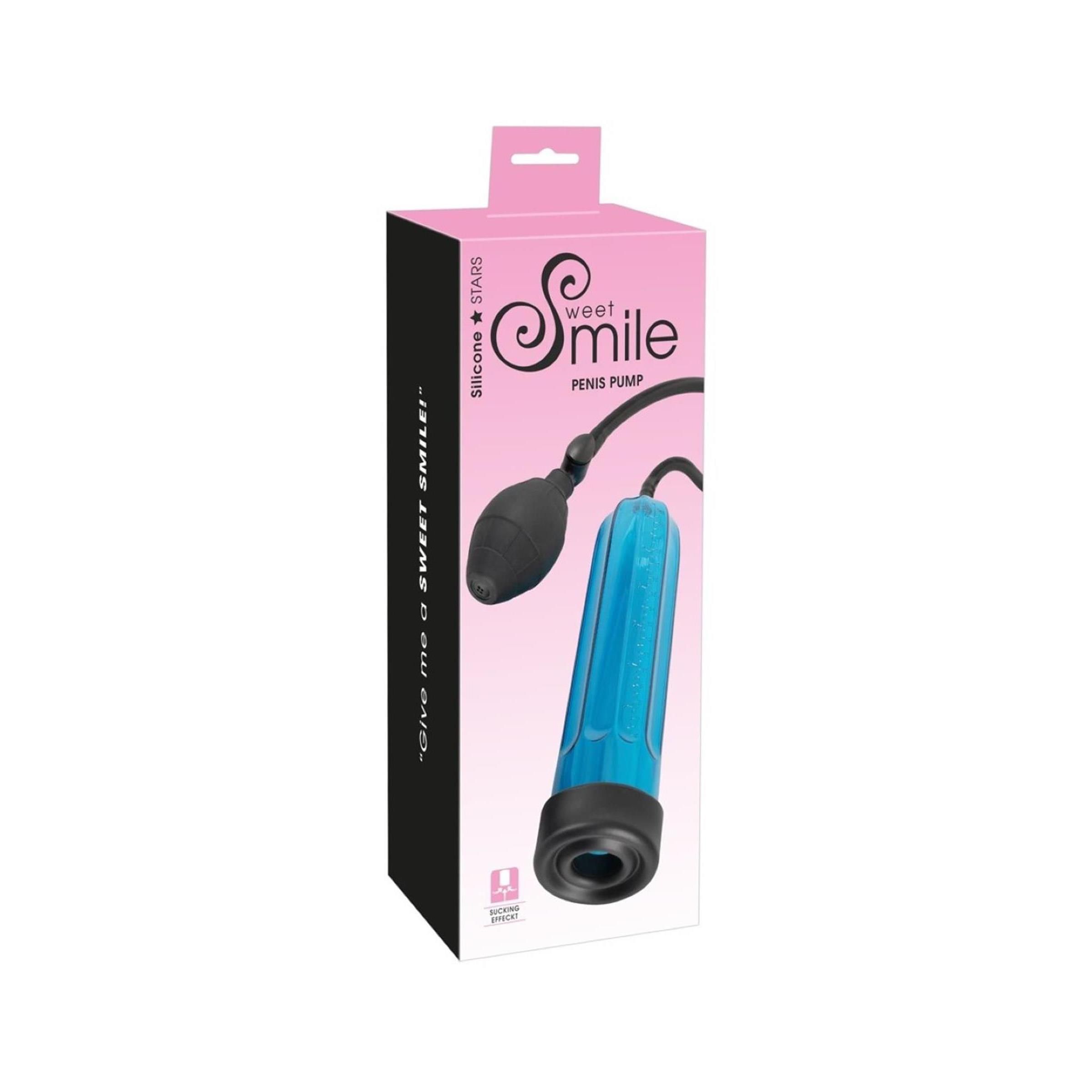 Blaue Penis-Pumpe mit schwarzem Balg und Schlauch auf Verpackung.