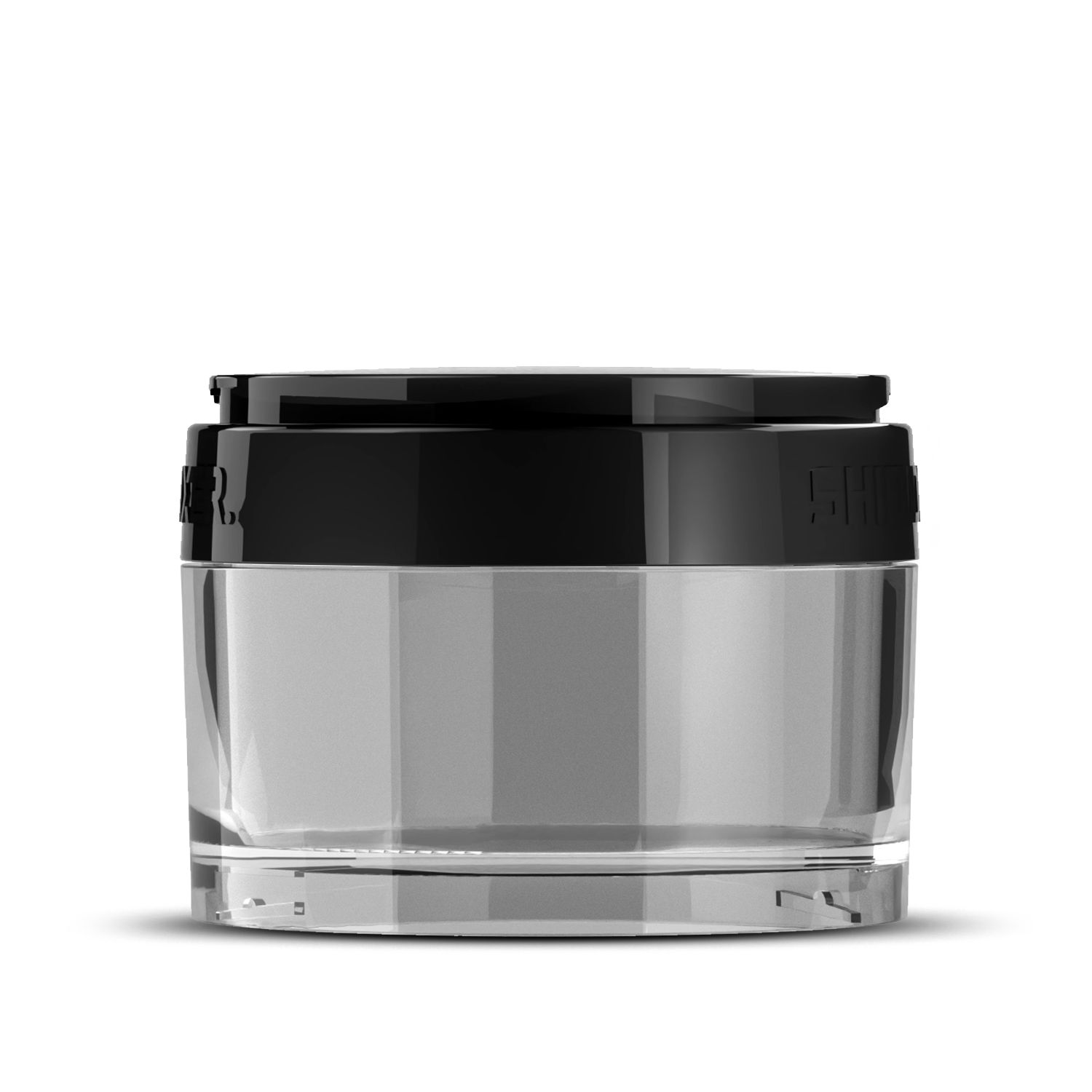 Behälter mit schwarzem Deckel. Klarer, zylindrischer Körper. Deckel mit Schriftzug. Untergrund weiß.