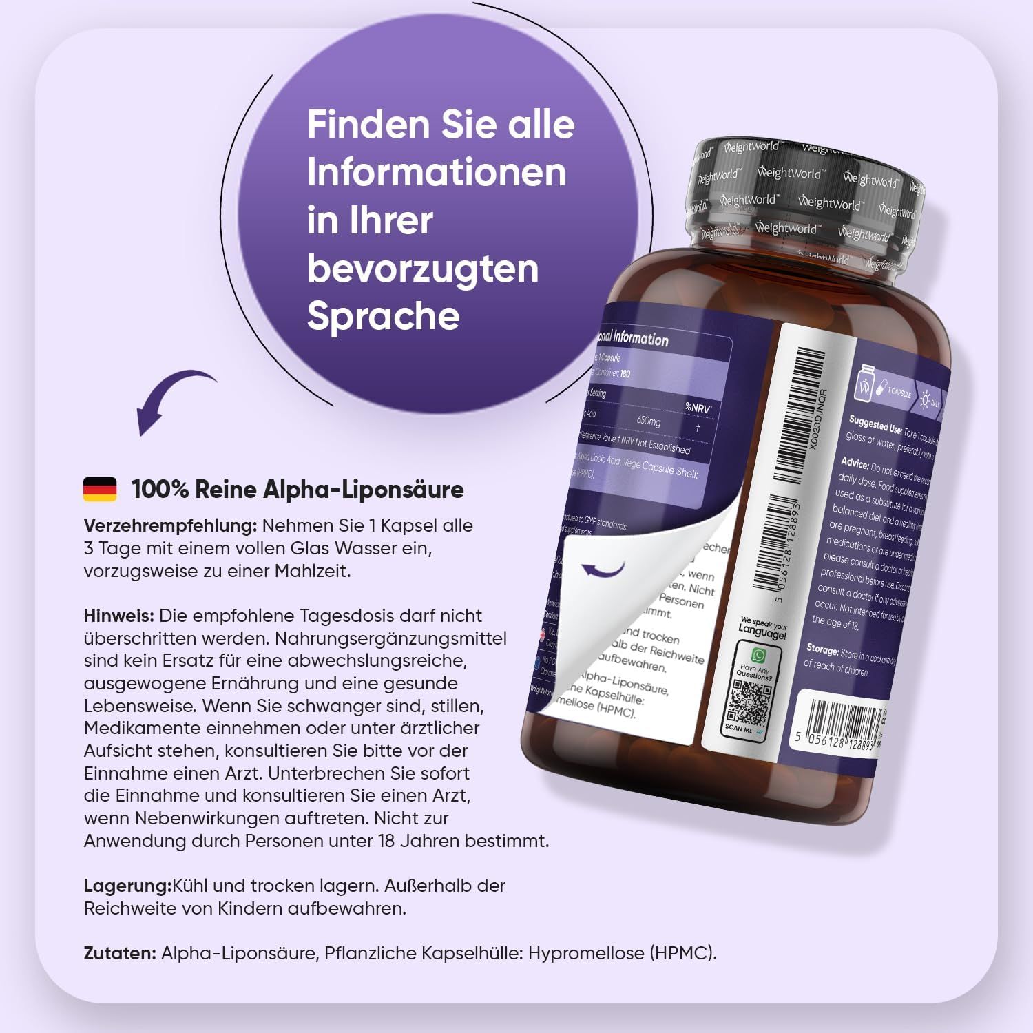Produktflasche mit aufgeschlagenem Etikett. Text: 100% reine Alpha-Liponsäure. Verzehrempfehlung: 1 Kapsel mit Wasser.