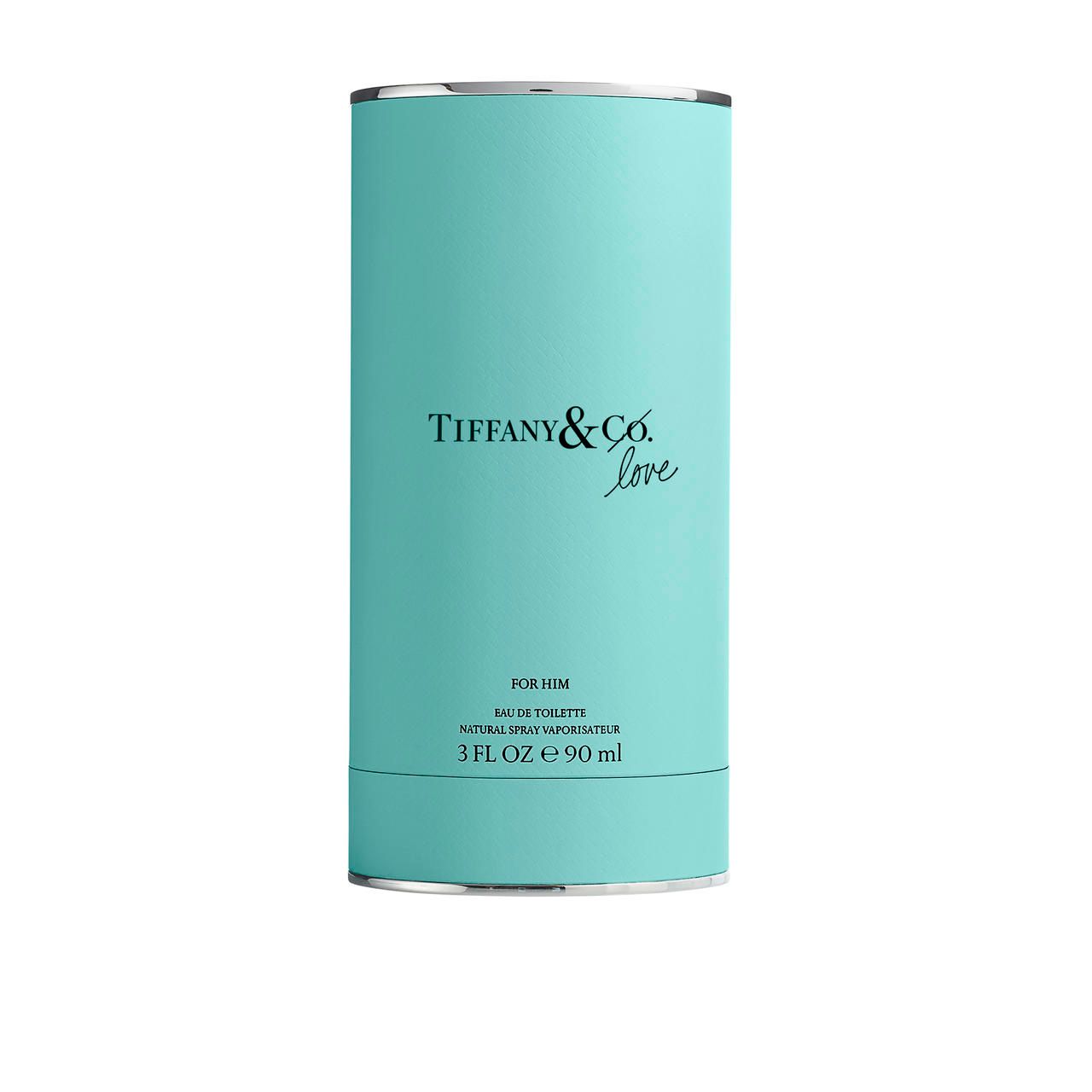 Türkisfarbene zylindrische Verpackung. Aufschrift: Tiffany & Co. Love. Silberner Rand.