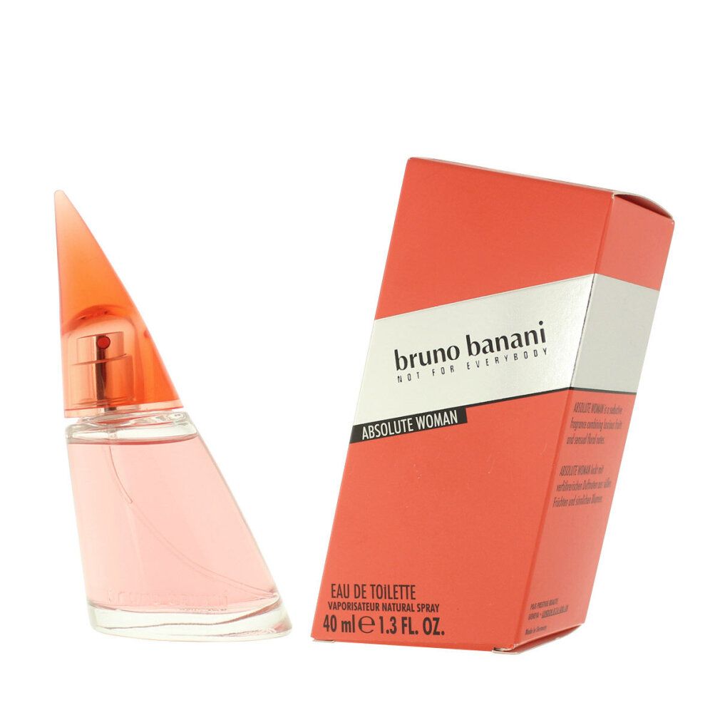 Rosa Flakon mit spitzem Deckel und Verpackung. Aufschrift: Bruno Banani Absolute Woman.