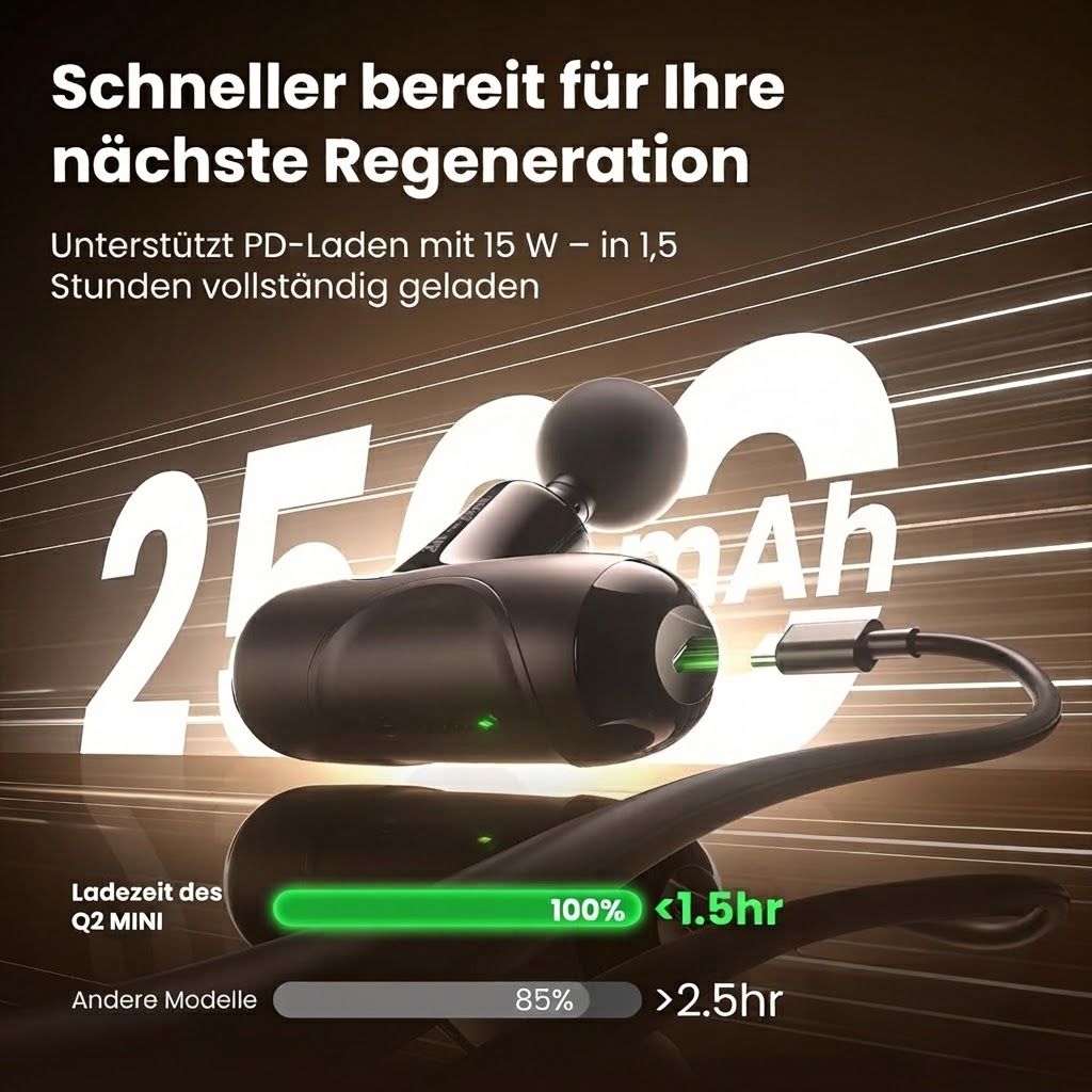 Schwarzes Massagegerät mit Ladekabel und Ladeanzeige. 2500 mAh Akku.