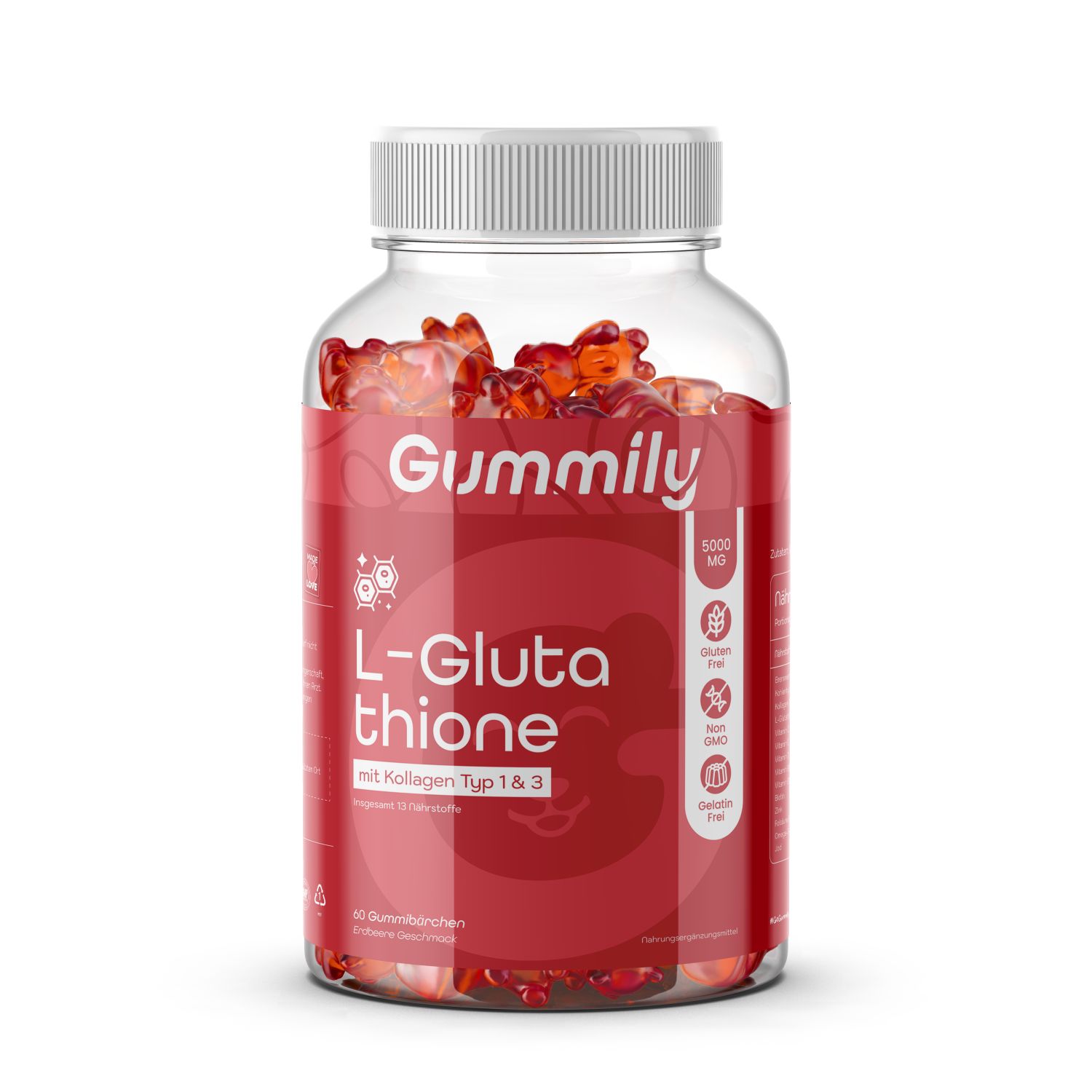 Klare Flasche mit roten Gummibärchen. Auf dem Etikett steht "Gummily L-Glutathion" und weitere Informationen.