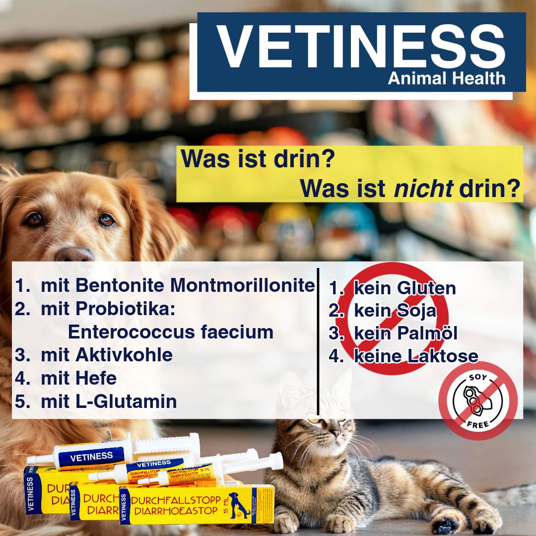 Produktabbildung mit Hund und Katze. Text: Was ist drin? Was ist nicht drin? Auflistung der Inhaltsstoffe.
