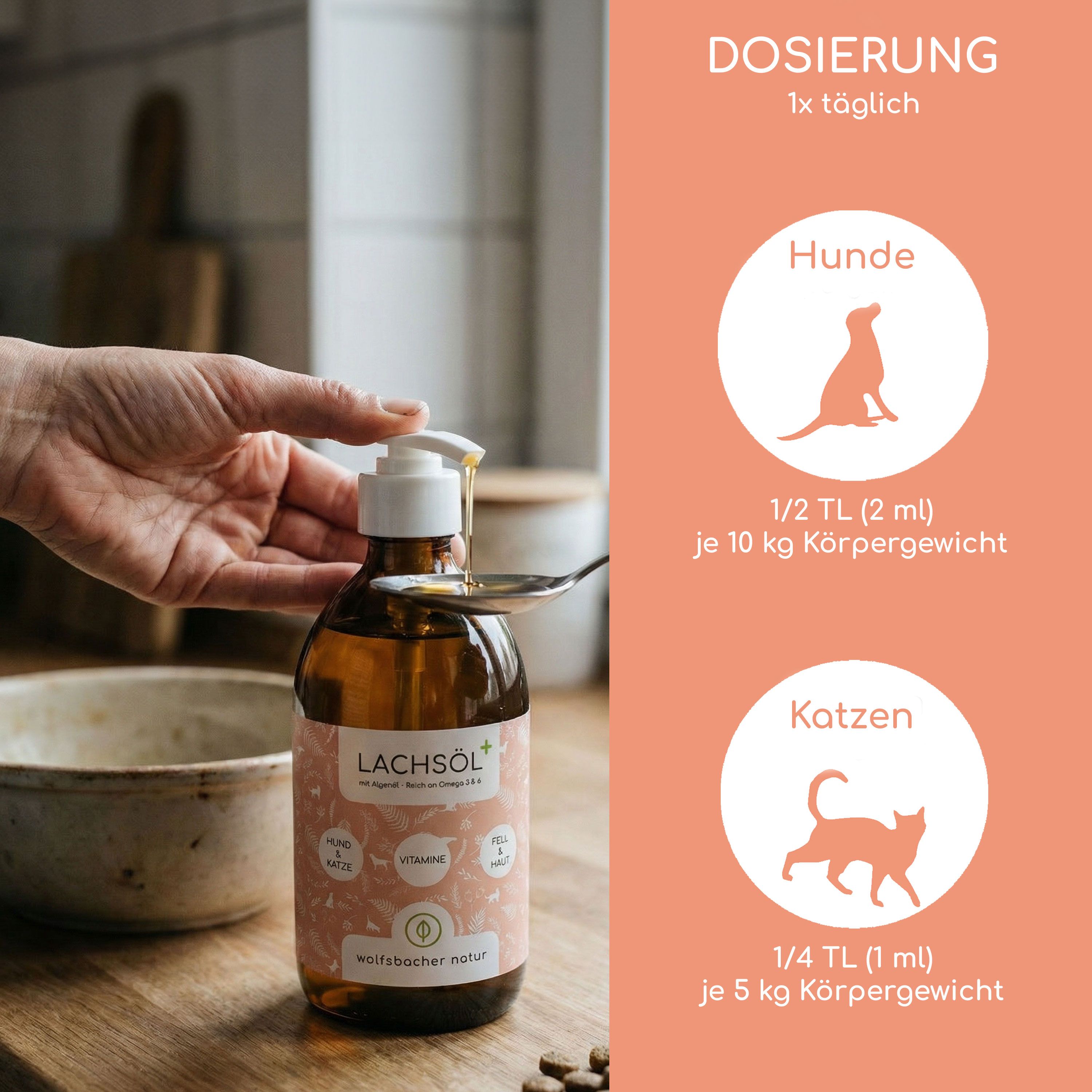 Hand drückt auf Pumpkopf einer braunen Flasche. Text: Dosierung, 1x täglich. Illustrationen: Hund, Katze. Angaben zur Dosierung in TL und ml.