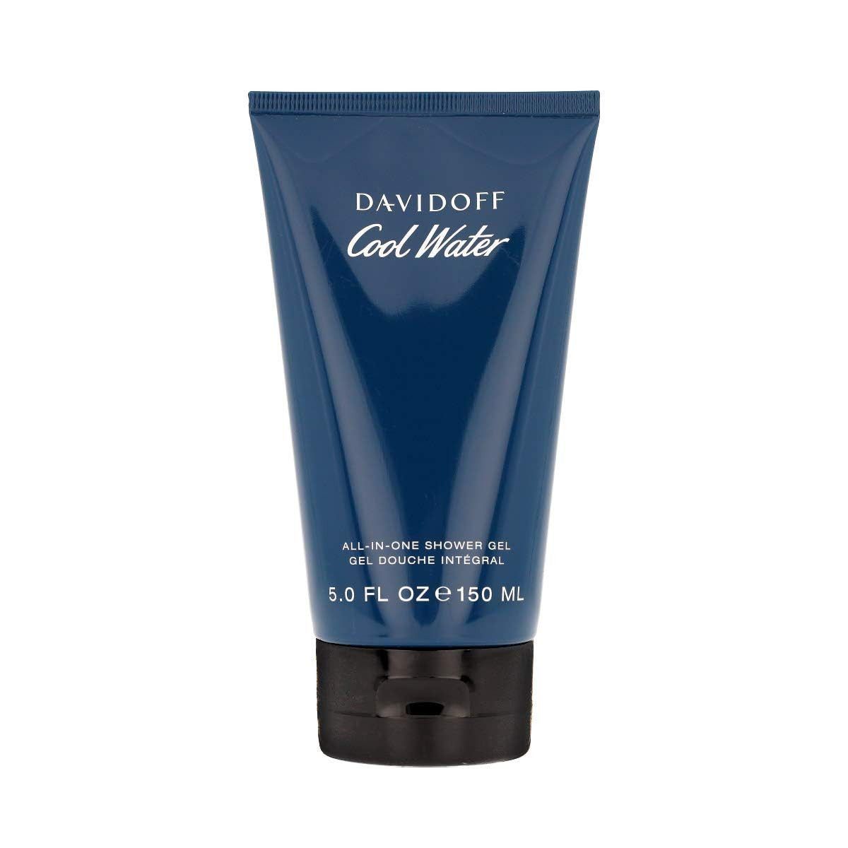 Davidoff Cool Water Duschgel. Blaue Tube mit schwarzem Deckel. Schriftzug und Volumenangabe.