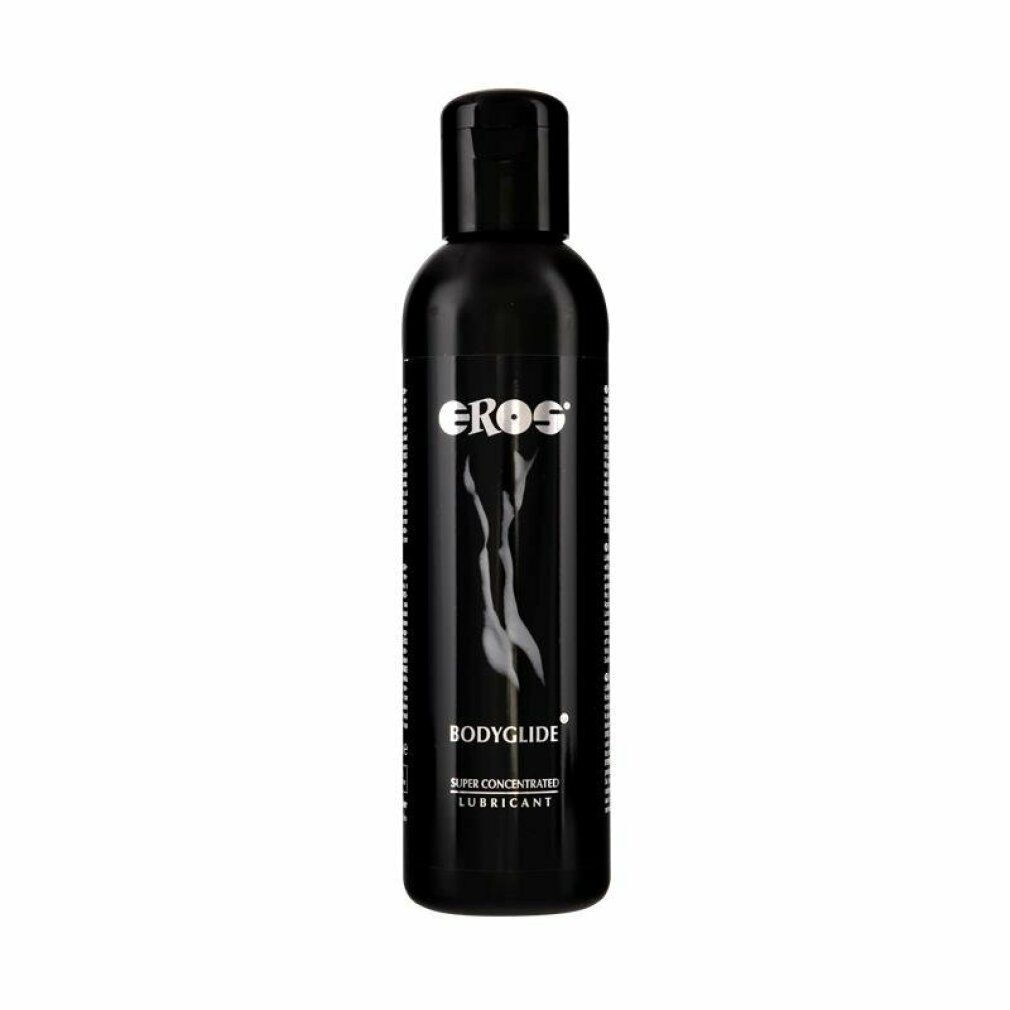 Schwarze Flasche mit schwarzem Deckel. Aufschrift "EROS BODYGLIDE". Enthält "SUPER CONCENTRATED LUBRICANT".