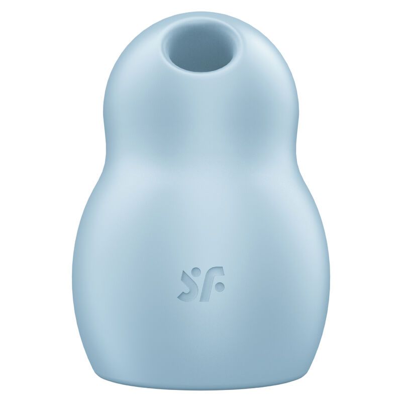 Hellblauer Vibrator in Puppenform mit einer Öffnung oben und dem Satisfyer-Logo.