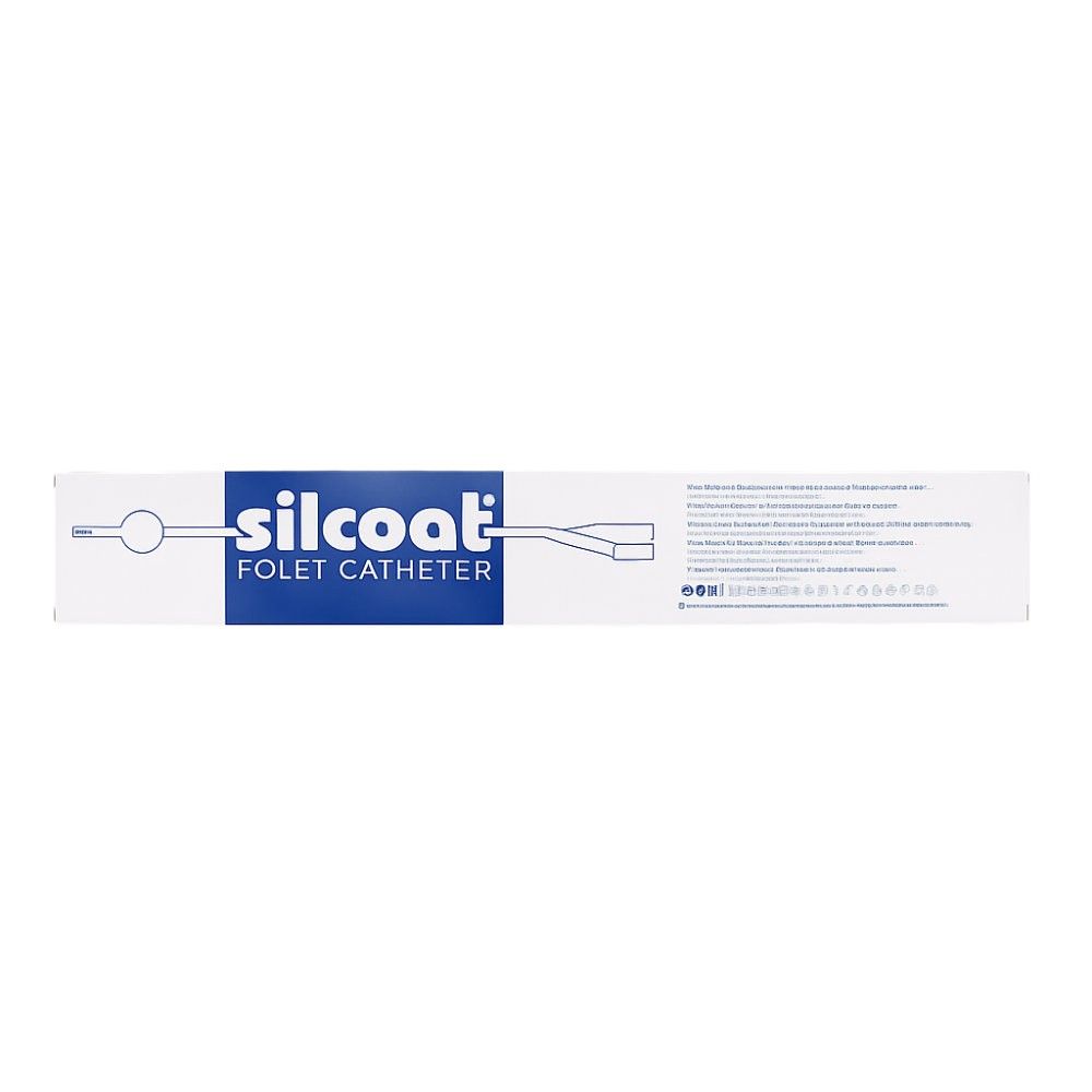 Verpackung mit Produktabbildung und Schriftzug 'silcoat FOLEY CATHETER'.