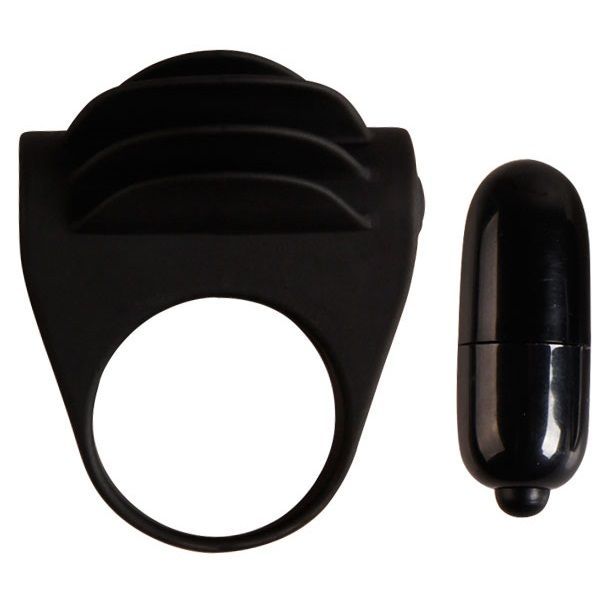 Schwarzer Penisring mit Vibrator und separatem Vibrationsaufsatz.