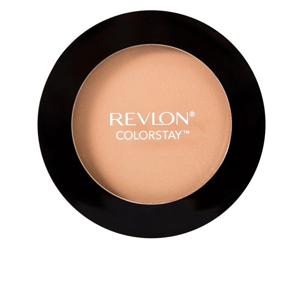 Runder, gepresster Puder von Revlon Colorstay. Schwarzer Behälter mit beigefarbenem Puder. Produktname und Marke sichtbar.