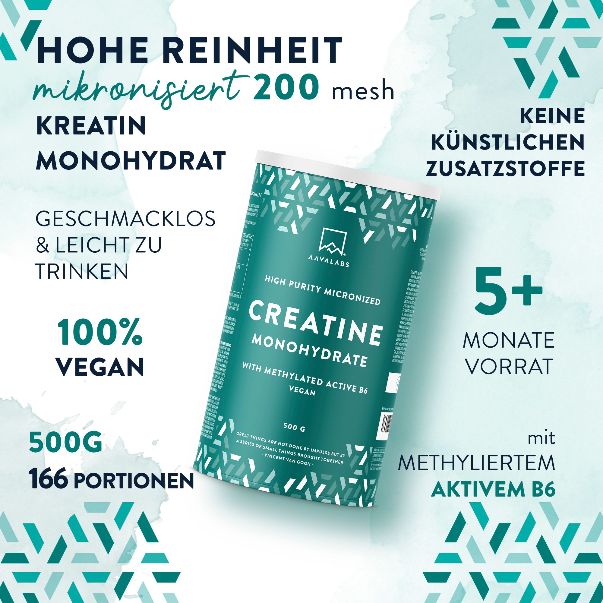 Werbebild. Dose, Text: Kreatin Monohydrat, 500g, Vegan. Zusätzliche Informationen.