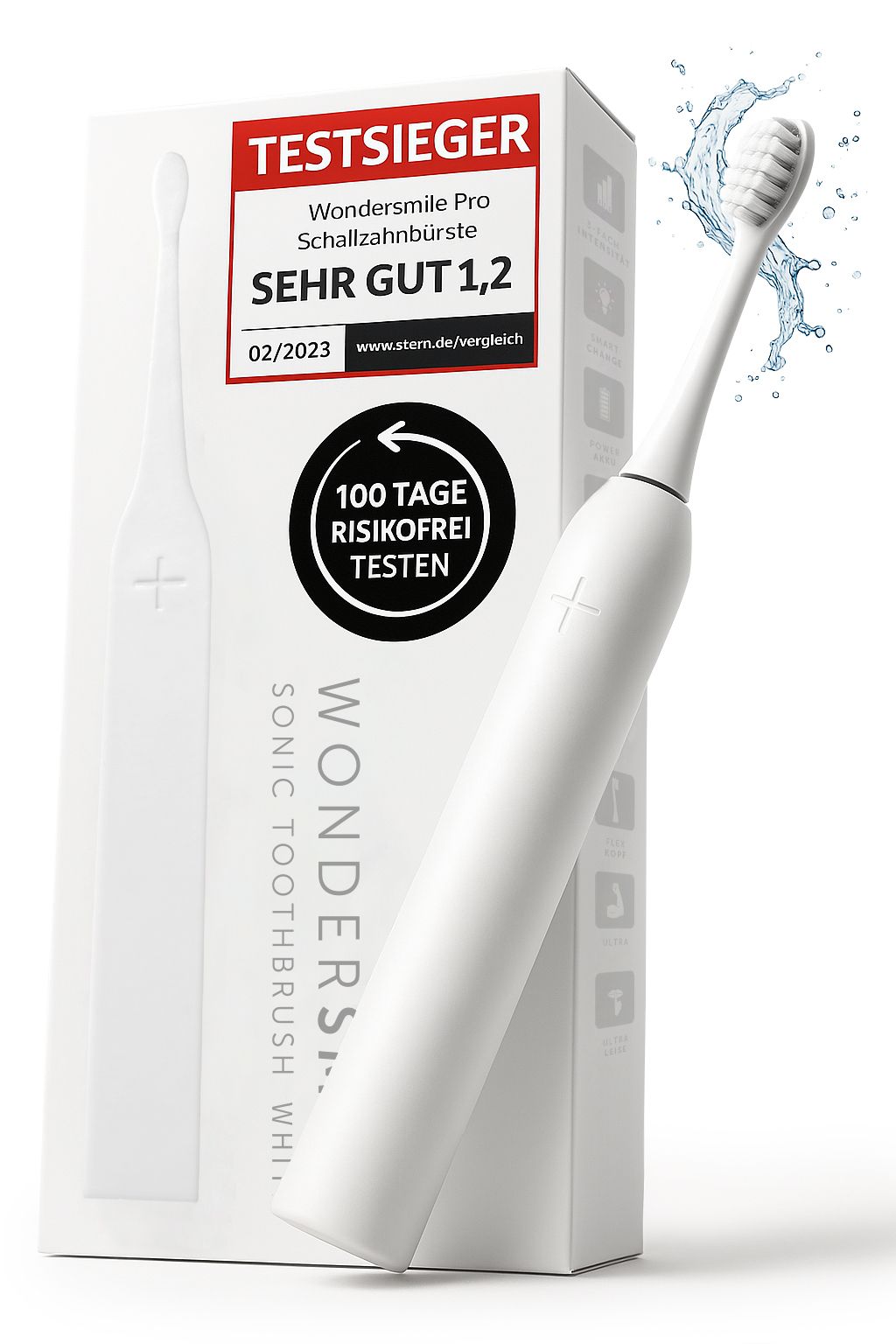 Weiße Schallzahnbürste mit Verpackung. Auf der Verpackung: "TESTSIEGER", "SEHR GUT 1,2", "100 Tage risikofrei testen".