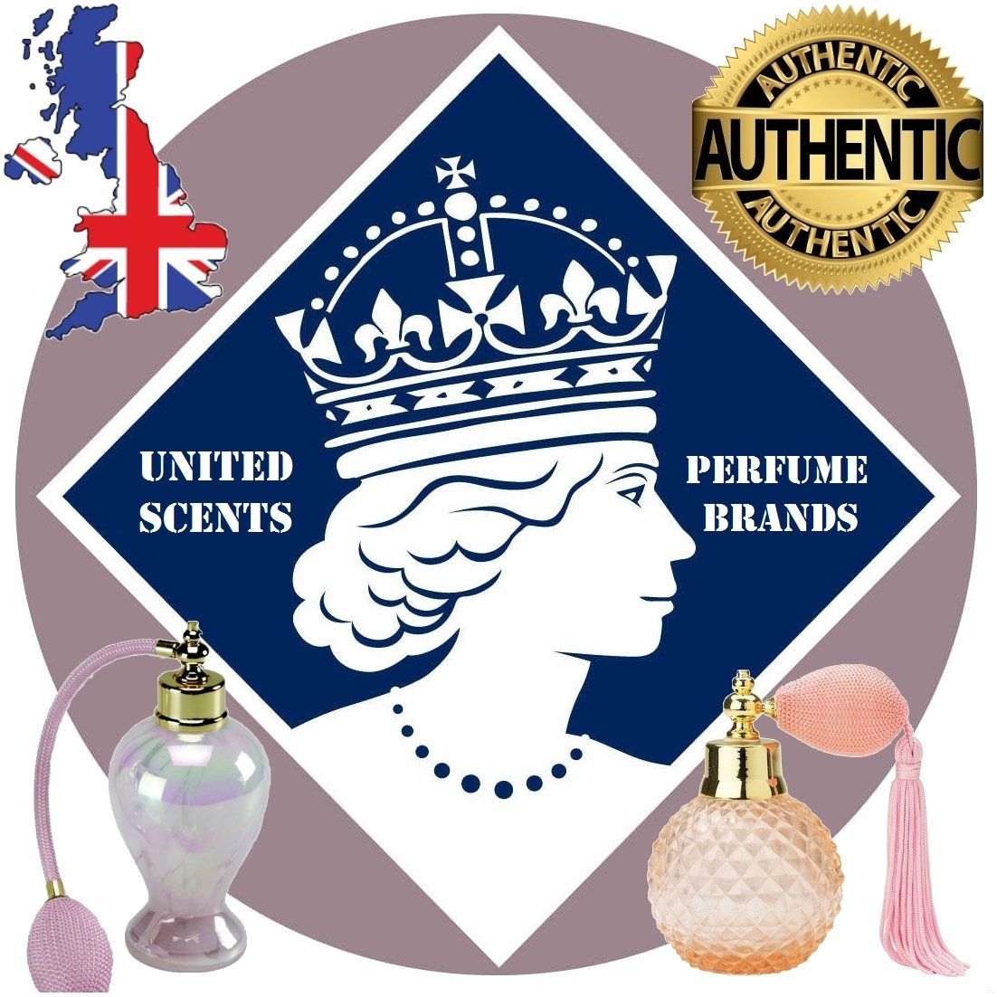 Logo mit Krone und Schriftzug: United Scents, Perfume Brands. Zwei Parfümflaschen.