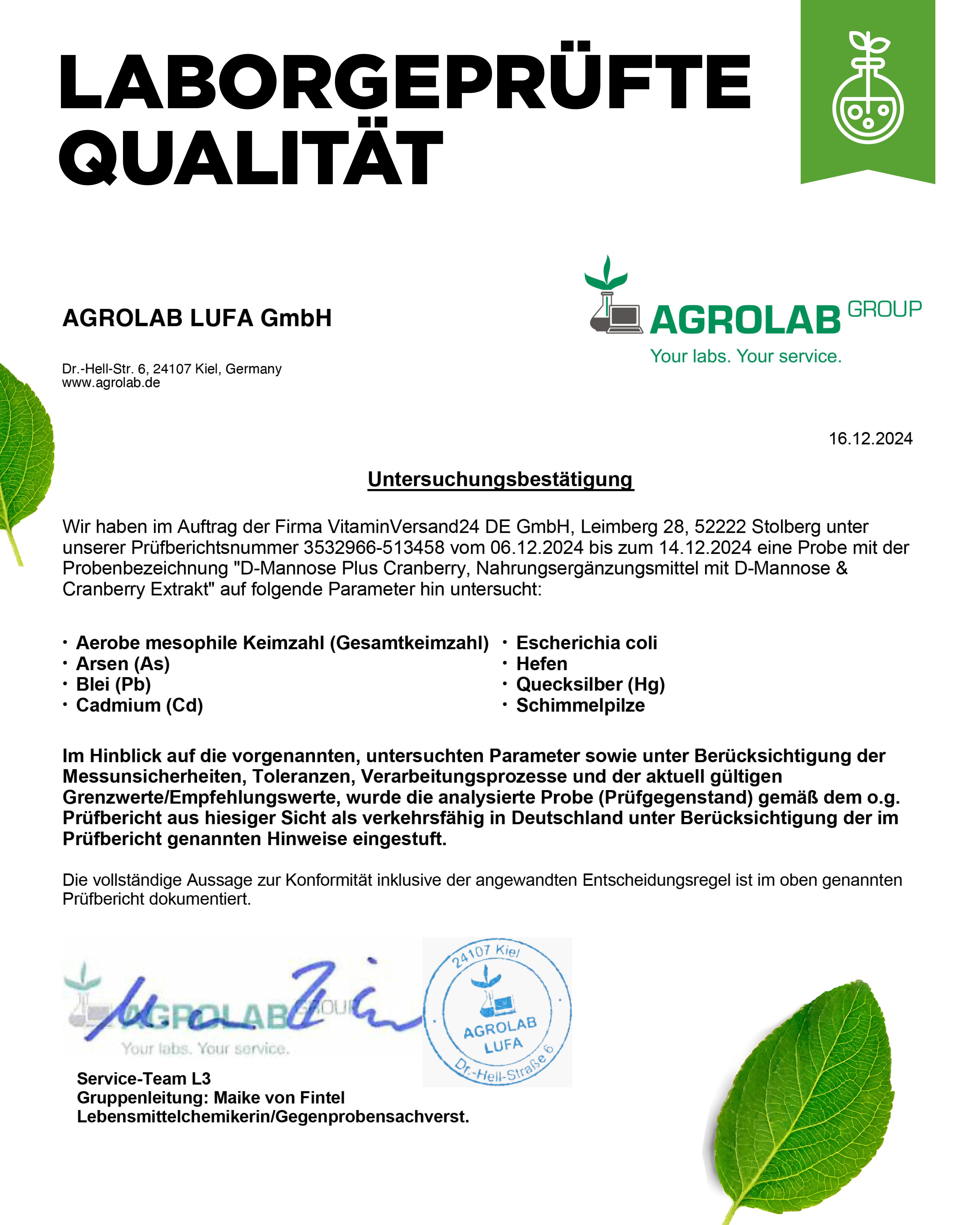 Laborgeprüfte Qualität. Zertifikat von Agrolab LUFA GmbH. Untersuchungsergebnisse für D-Mannose Plus Cranberry Extrakt.