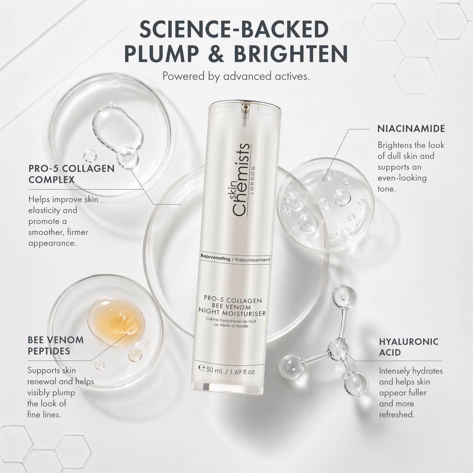 Skin Chemists Pro-5 Collagen Bienengift Nachtcreme mit Inhaltsstoffen.