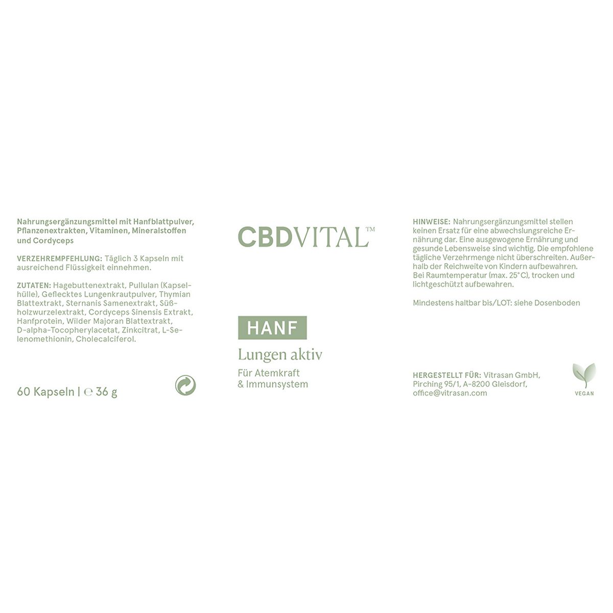 Weißes Etikett mit Text. Aufschrift: CBDVITAL, HANF, Lungen aktiv, Für Atemkraft & Immunsystem. Enthält 60 Kapseln, 36g. Vegan-Logo.