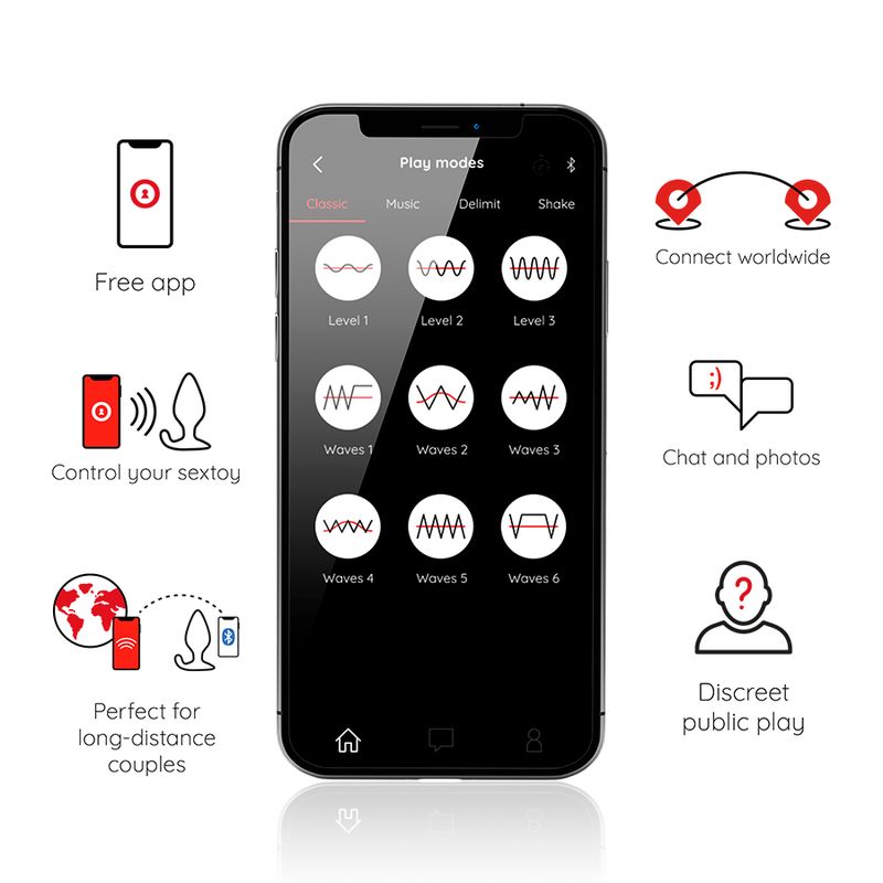 Smartphone mit App-Oberfläche. Verschiedene Vibrationsmodi werden angezeigt. Zusätzliche Symbole zeigen Funktionen wie Fernbedienung und Chat.