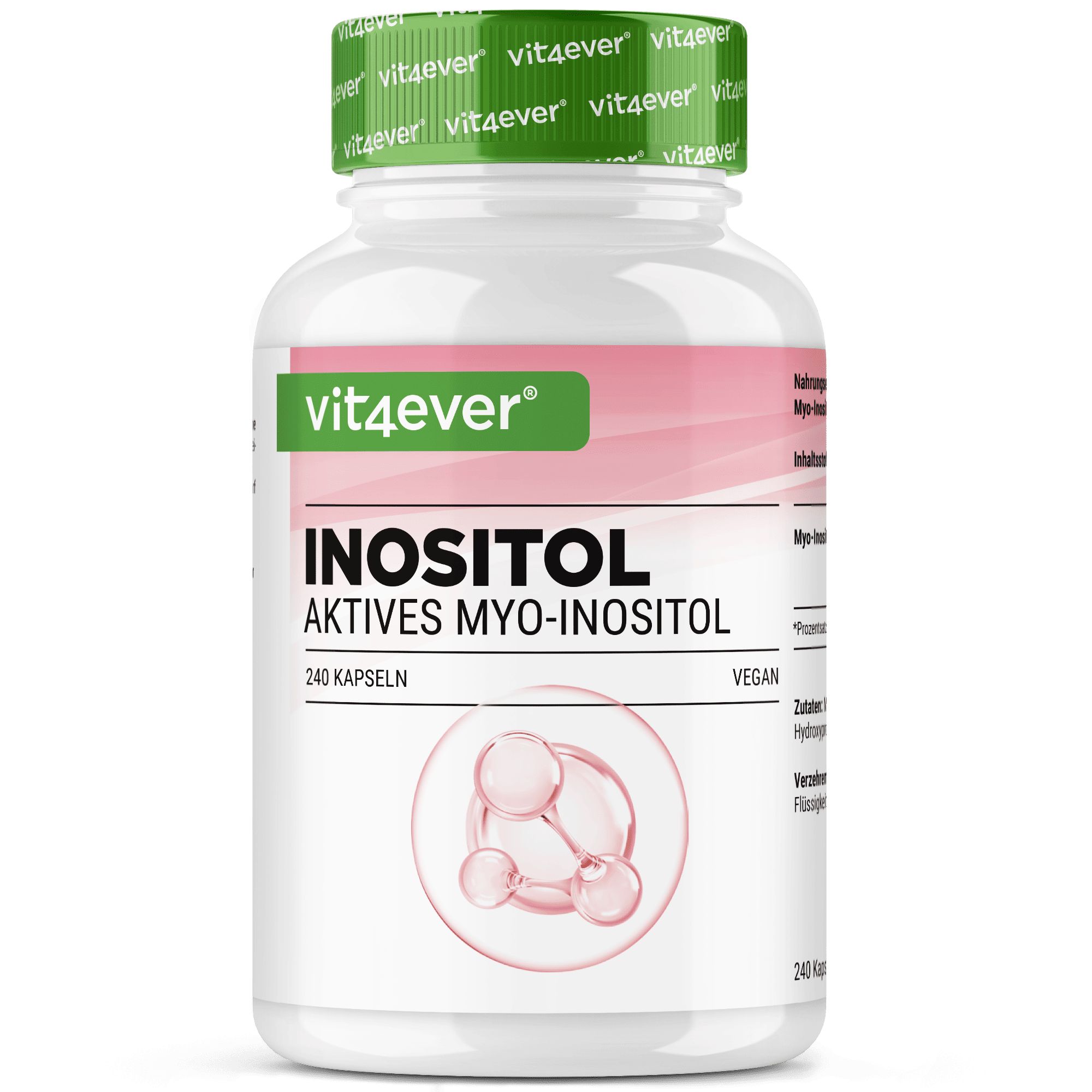 Weißes Pillenbehälter mit grünem Deckel. Aufschrift: Inositol, 240 Kapseln. Logo: vit4ever. Text: Aktives Myo-Inositol.