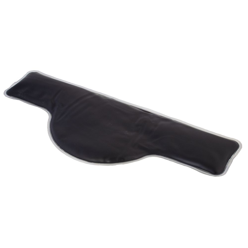 Schwarzes Nackenkissen mit silberfarbenem Rand. Langgestreckte Form mit geschwungener Aussparung.